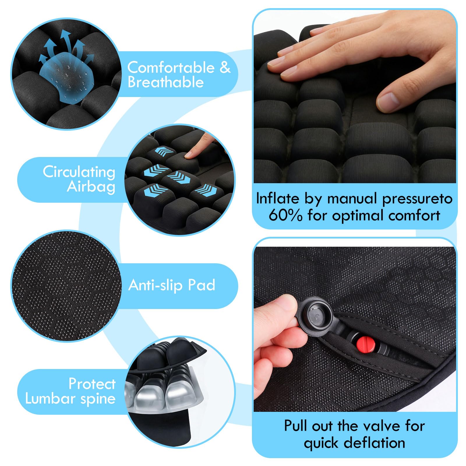 45 x 40 cm Cojín de asiento antidecúbito, ortopédico, ergonómico, inflable, para alivio del coxis durante mucho tiempo, para coche, oficina, hogar, silla de ruedas y silla