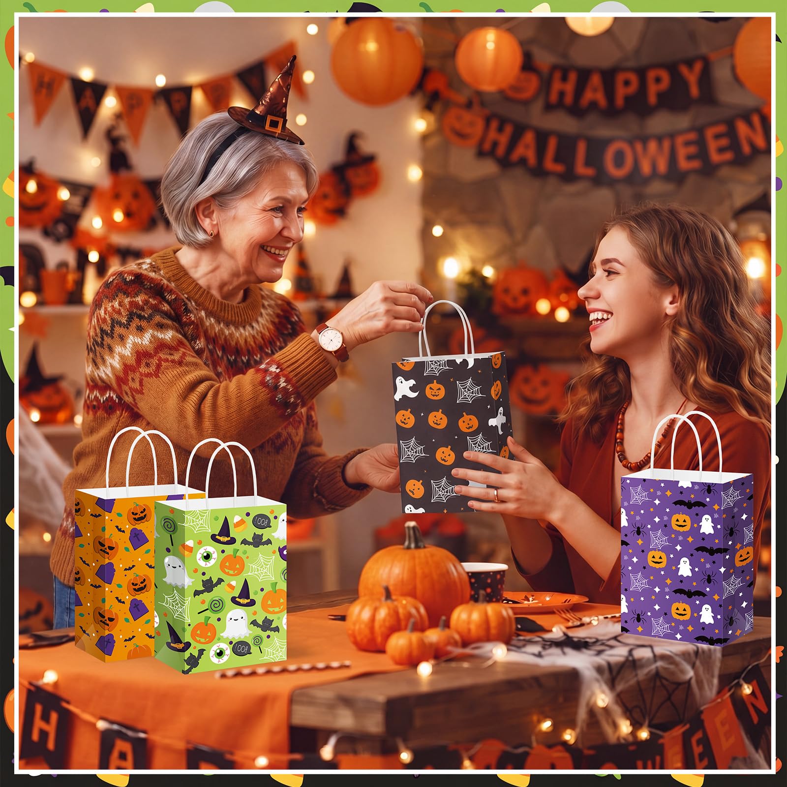 Yexiya Paquete de 100 bolsas de regalo de papel de Halloween con asas, sacos de golosinas de truco o trato, calabaza, fantasma, murciélago, telaraña, recuerdos de fiesta para dulces de Halloween