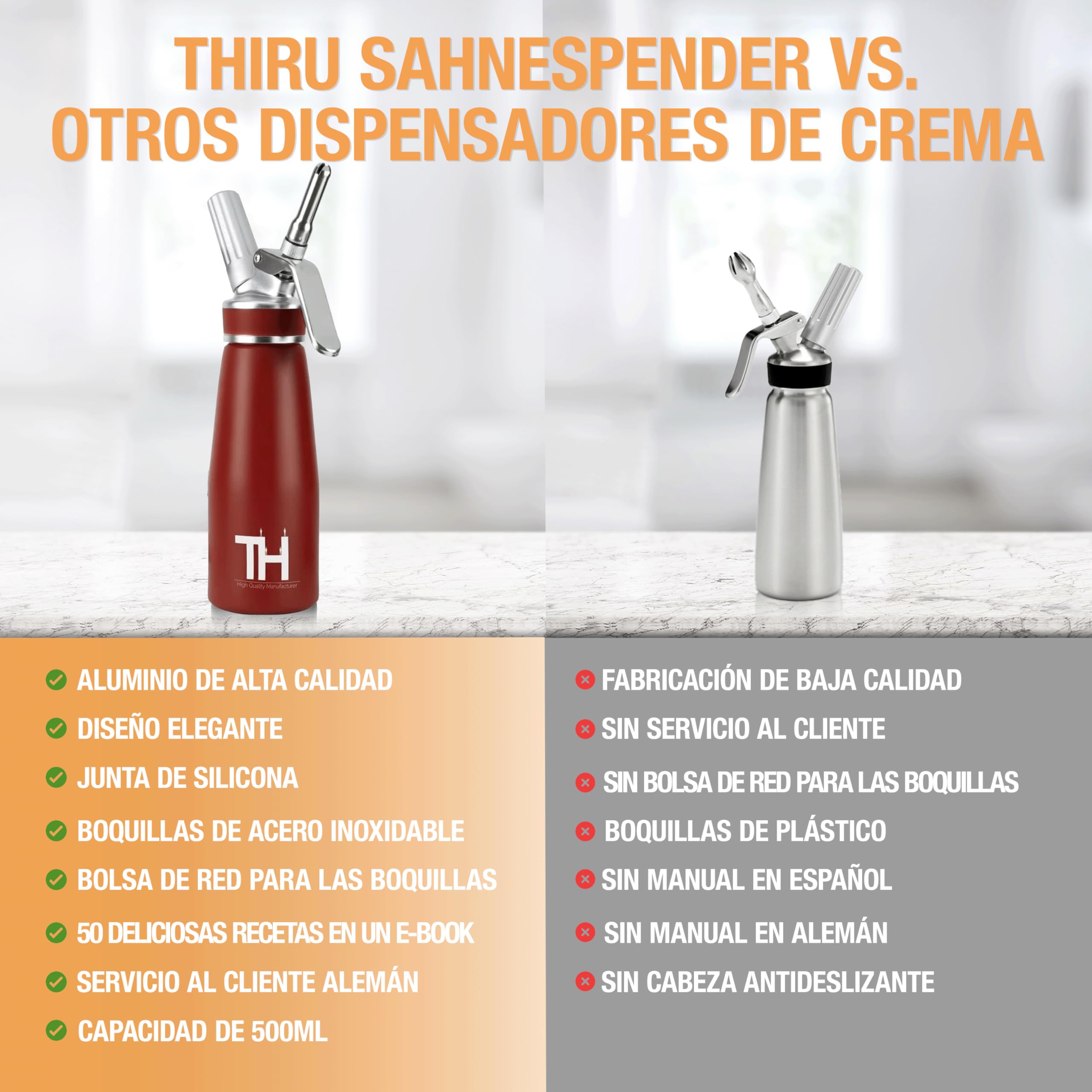 Thiru Sifón de cocina profesional - Dispensador de crema batida con boquillas de acero inoxidable - Sifón cocina con muchos extras (rojo)