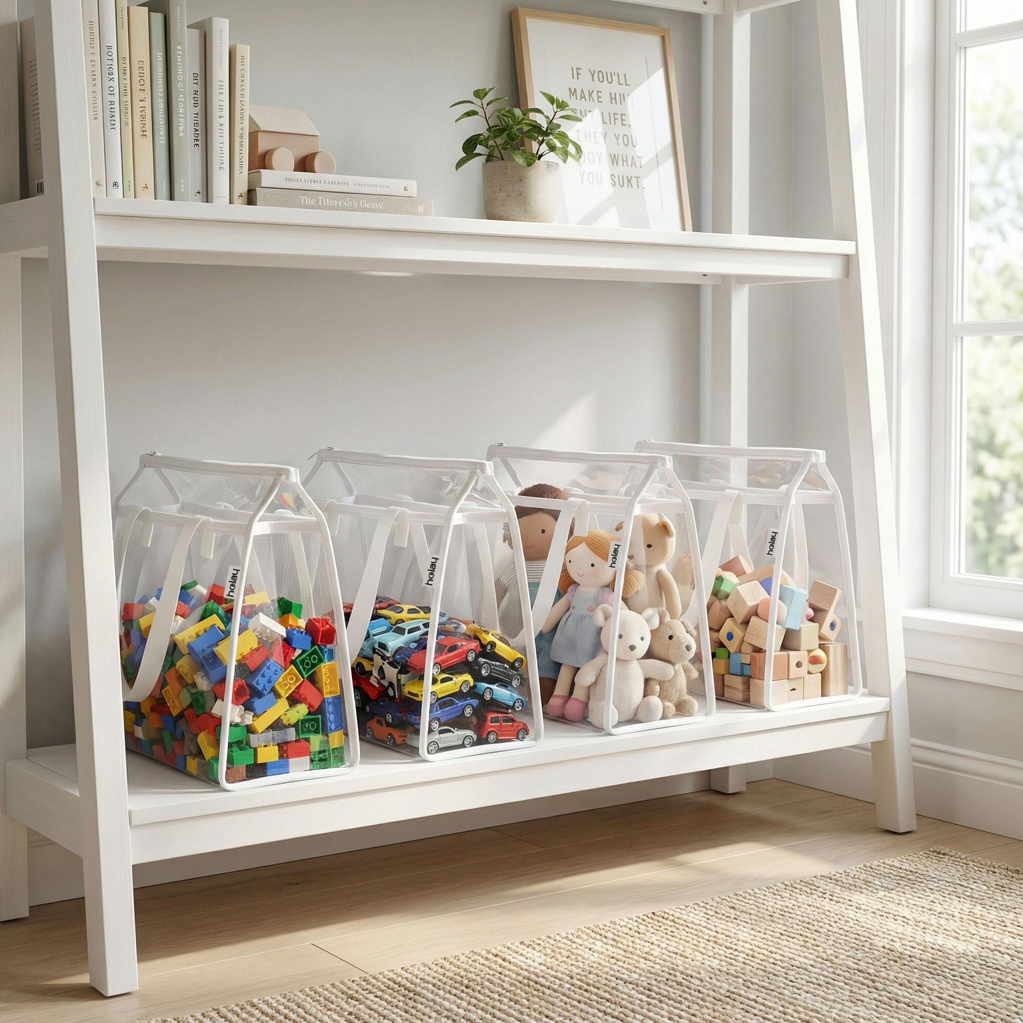 HOLAY Lot de 4 Sacs de Rangement Transparents pour Jouets avec Poignée – Organisateur Salle de Jeux pour Jouets, Jeux de Société & Fournitures Scolaires, PVC Transparent & Base Renforcée (Blanc, XL)