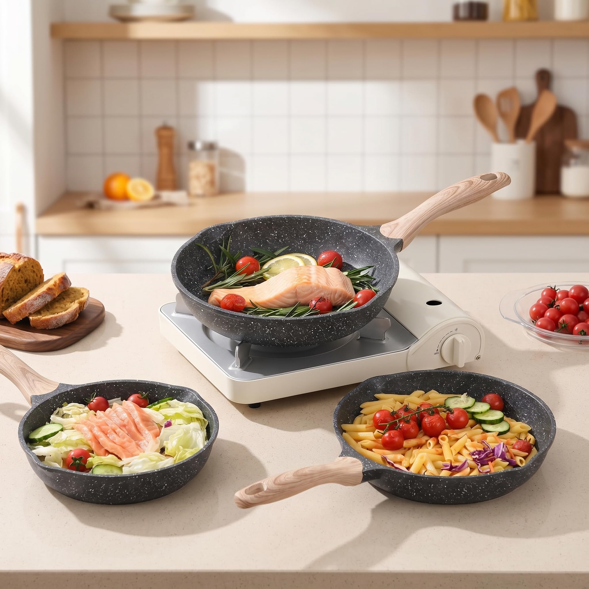 JEETEE Pfannenset 3 Teiliges, Bratpfanne set 20cm 24cm 28cm, Induktion Geeignet,Aus Geschmiedetem Aluminium mit Antihaftbeschichtung, für alle Herdarten,PFOA-frei(Grau)