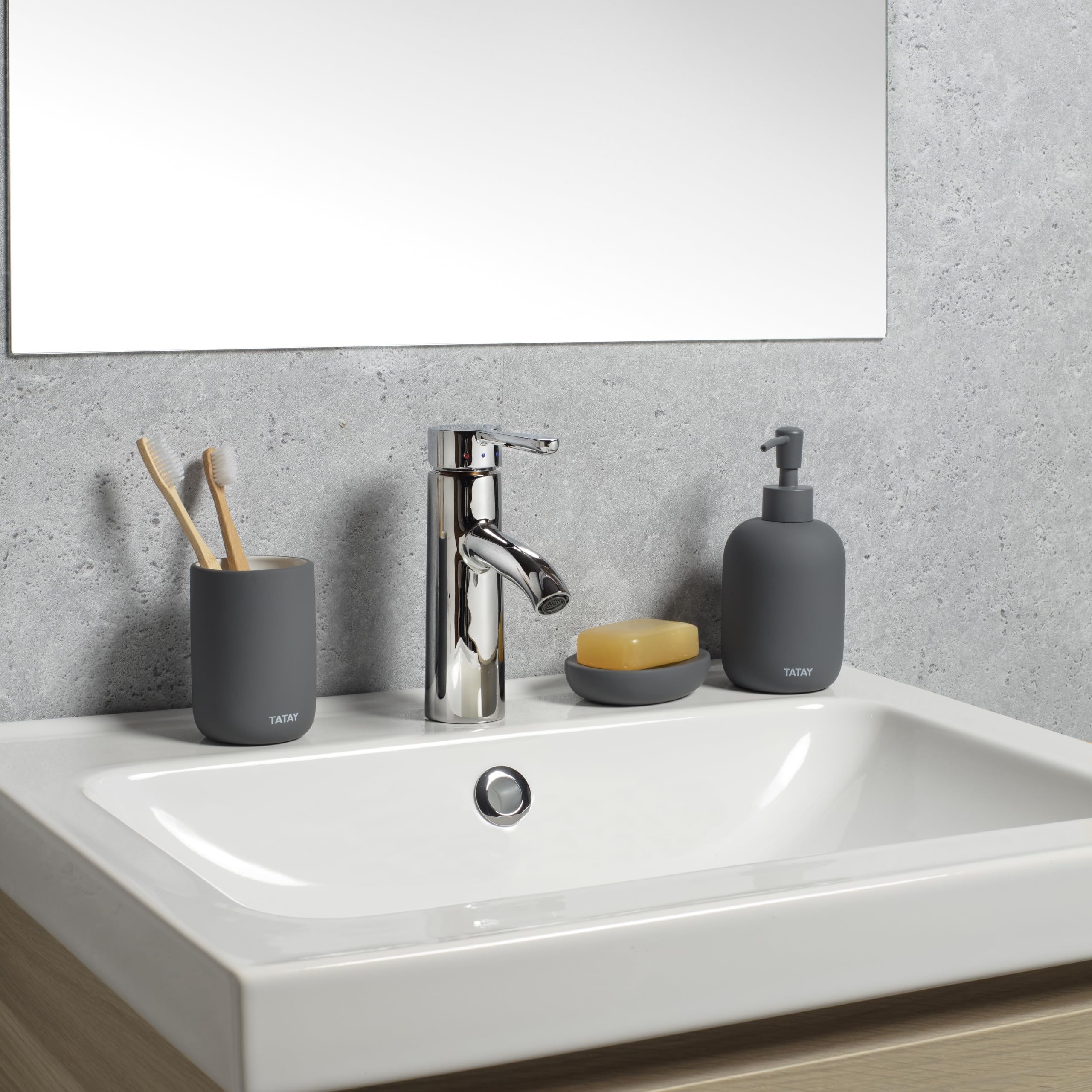 TATAY Ceramic Soap Dispenser Soft, Smooth Touch and Matte Finish, BPA Free, Anthracite Grey, Dimensions: 9.5 x 8 x 17 cm - Image 3