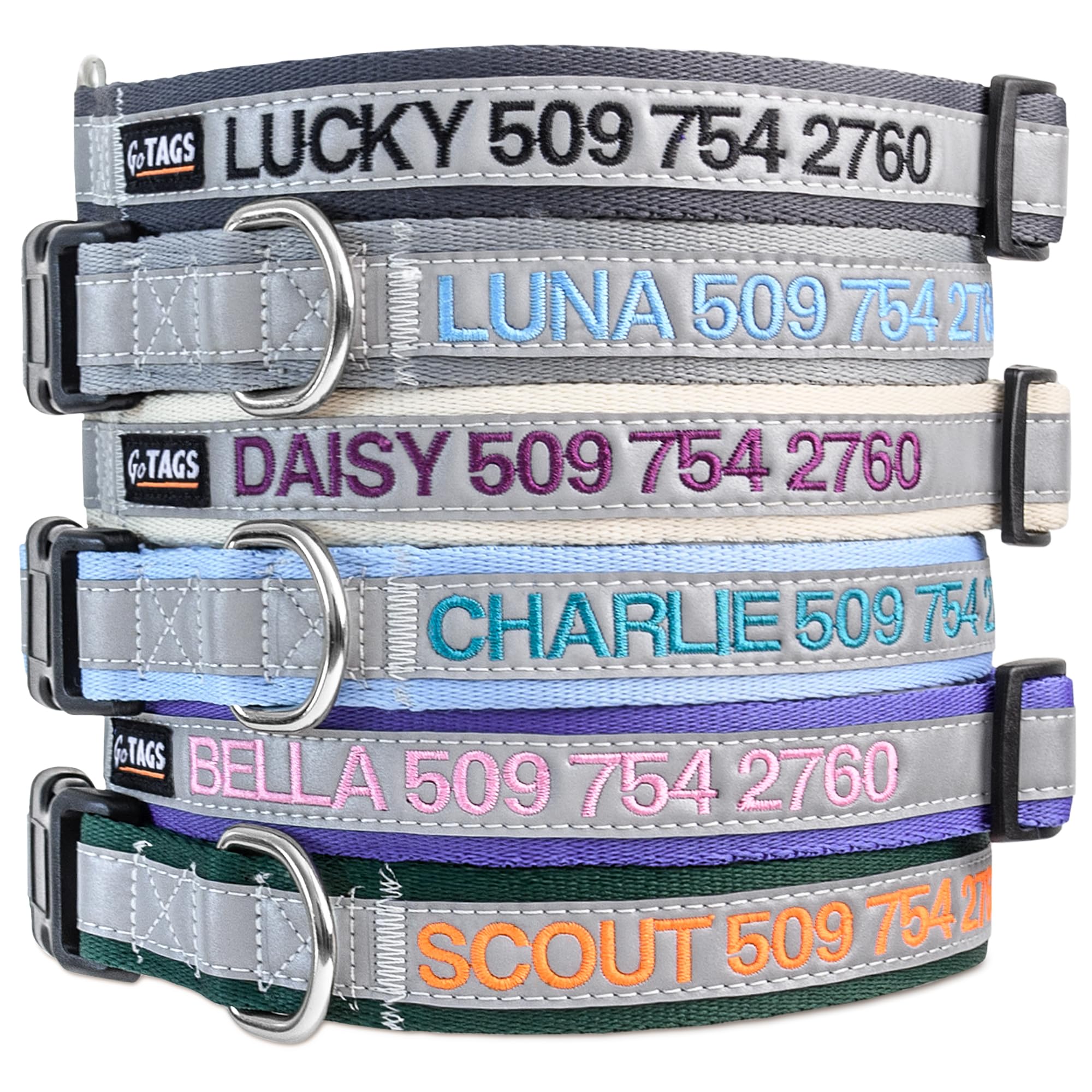 GoTags Reflective Personalized Dog Collar, Custom Embroidered Safety Collar with Pet Name and Phone Number for Boy and Girl Dogs, Small, Medium, and