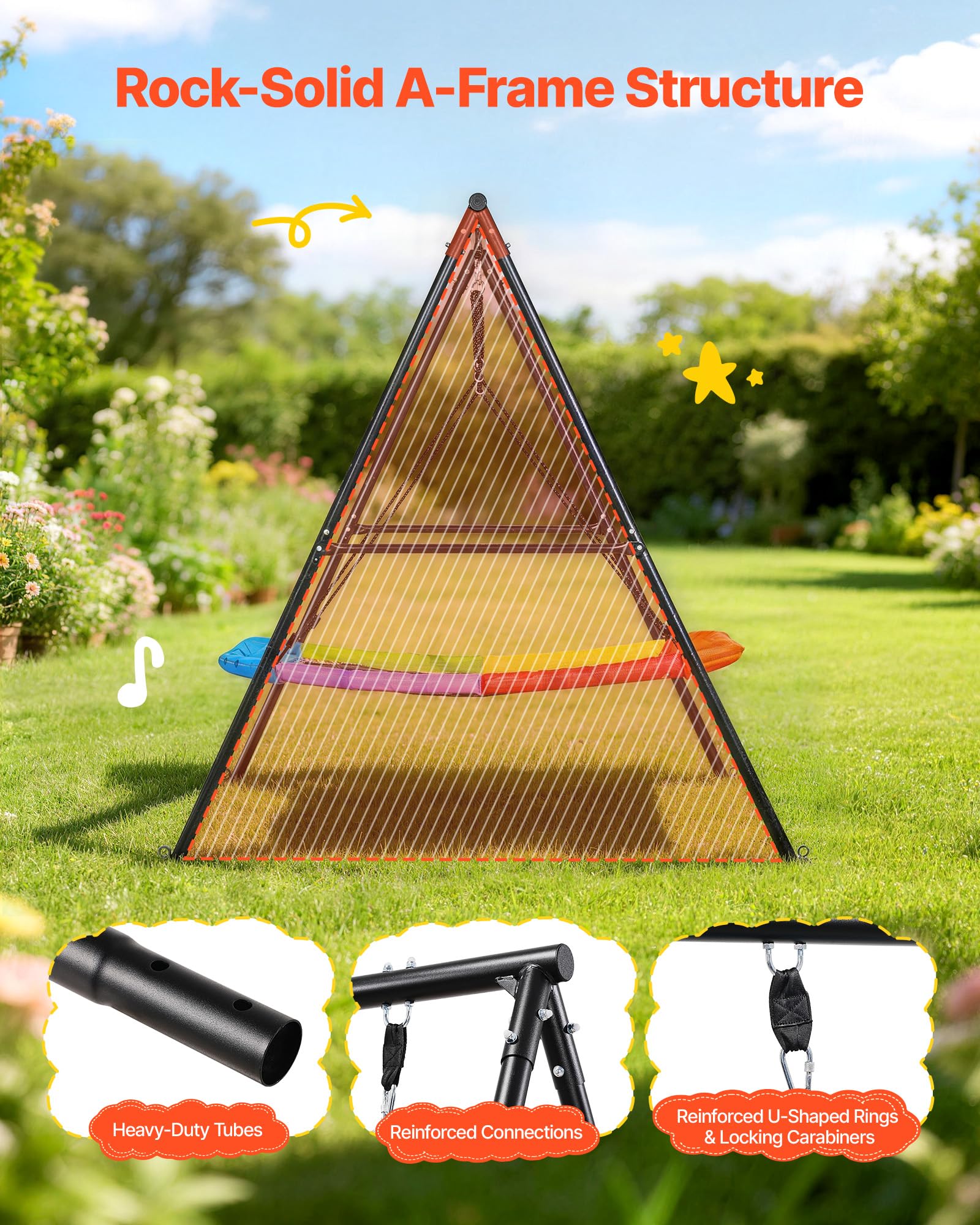 VEVOR Altalena da Giardino Telaio in Metallo a Forma di A per Bambini da Giardino Carico max 199,6 kg, Altalena Seduta 150 x 81 cm da Esterno Cortile Parco Gioco Struttura Triangolare per Bambini