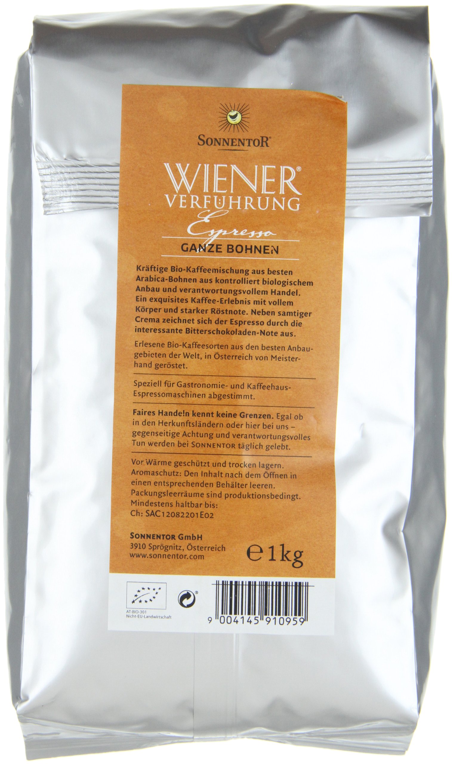 Sonnentor Espresso ganze Bohne Wiener Verführung Premium-Mischung, 1er Pack (1 x 1 kg) - Bio