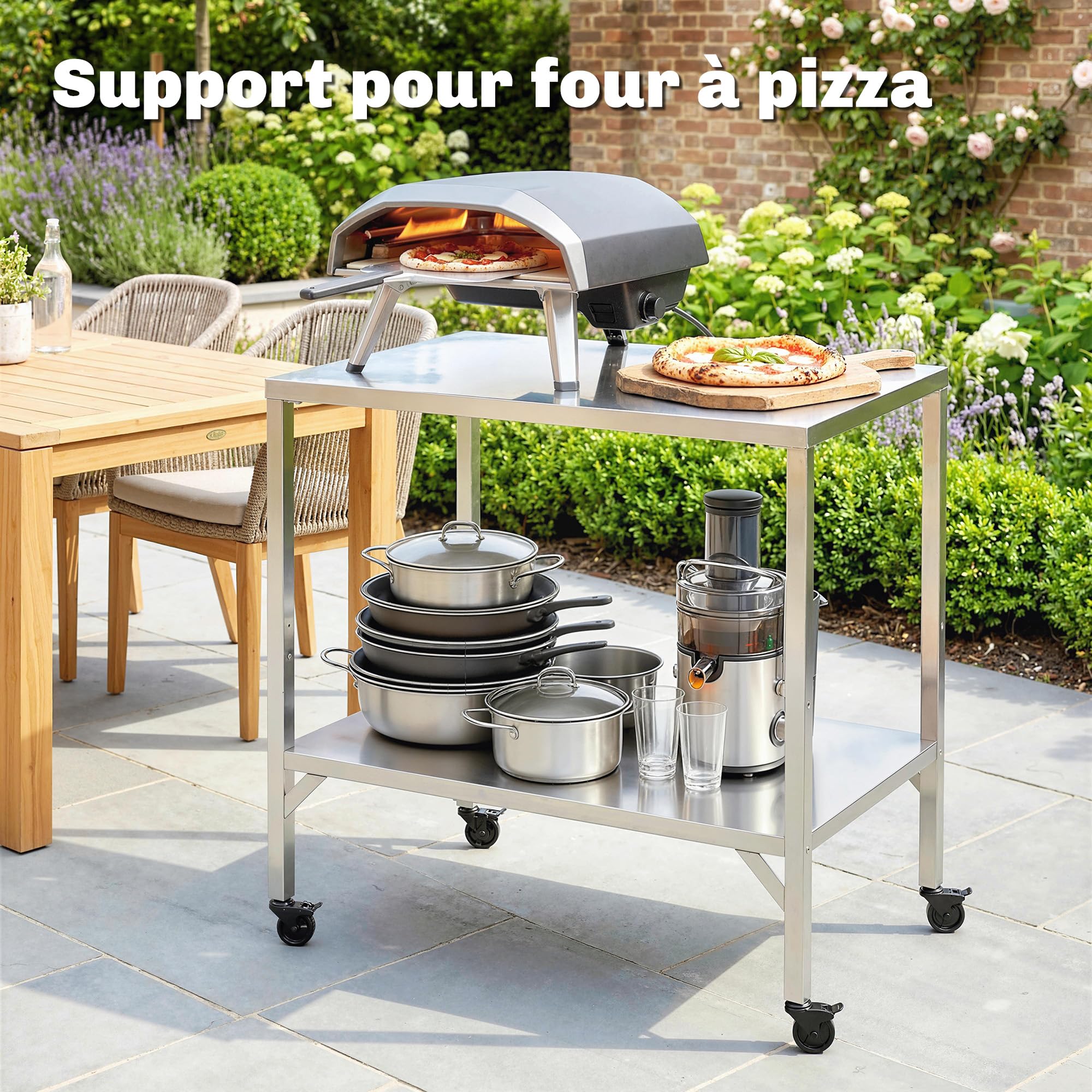 Outsunny Chariot de Barbecue en Acier Inoxydable - Table de Préparation Extérieur de 85x60cm avec Plan de Travail et roulettes - Desserte de Jardin Stable pour Four à Pizza et Grill, Argenté