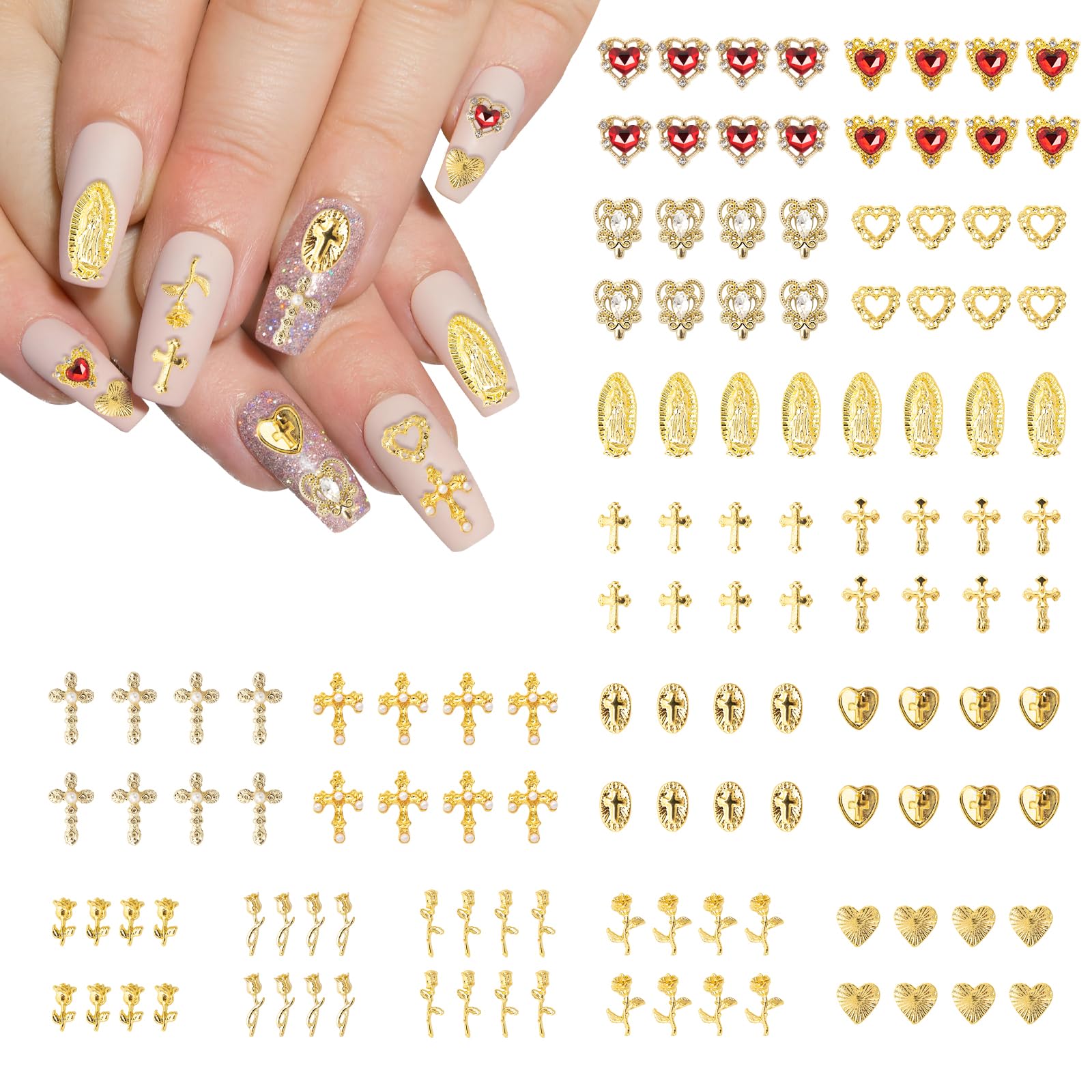 30 Pezzi Decorazioni Unghie Nail Art 3D, BTIYMU Charm Unghie Croci Gold Argento Oro Rosa Accessori Unghie Decorazioni, Nail Charms Croce Forme Decori Unghie 3D(15mm X 11mm
