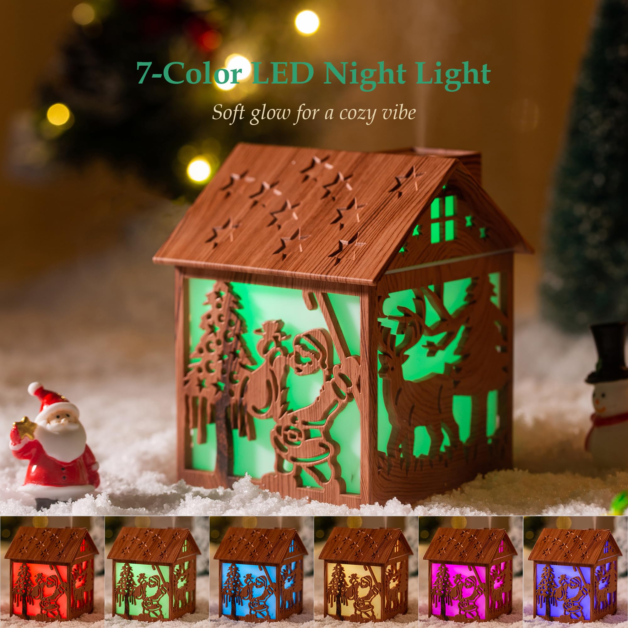 Humidificateur de maison en bois de Noël – Mini humidificateur à brume froide de 240 ml avec design Père Noël LED, lumières 7 couleurs, alimenté par USB, arrêt automatique, cadeau de décoration de