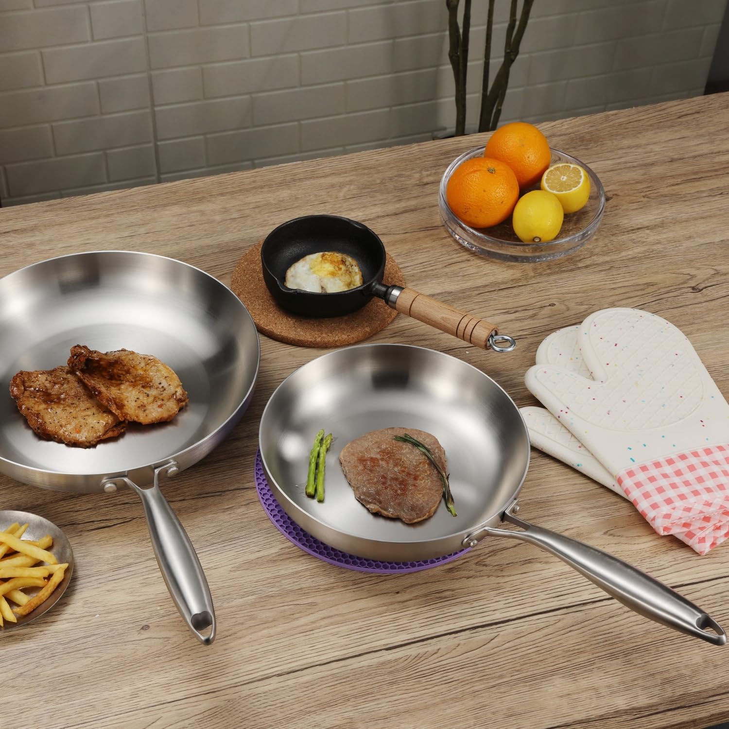 Padella in acciaio inox a 3 strati, set di padelle da 2 pezzi da 24/30 cm, adatta a forni e griglie a induzione, pentole, padelle, padelle, utensili da cucina, riscaldamento rapido e uniforme