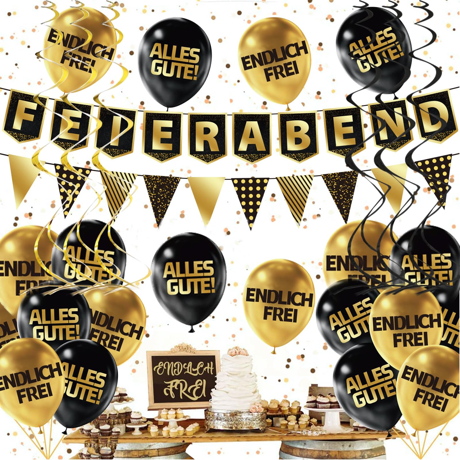 Set Decorazioni Per Festa Di Pensione - Palloncini Oro Nero, Banner 'Rente Gut Alles Gut', Topper Torta E Addobbi