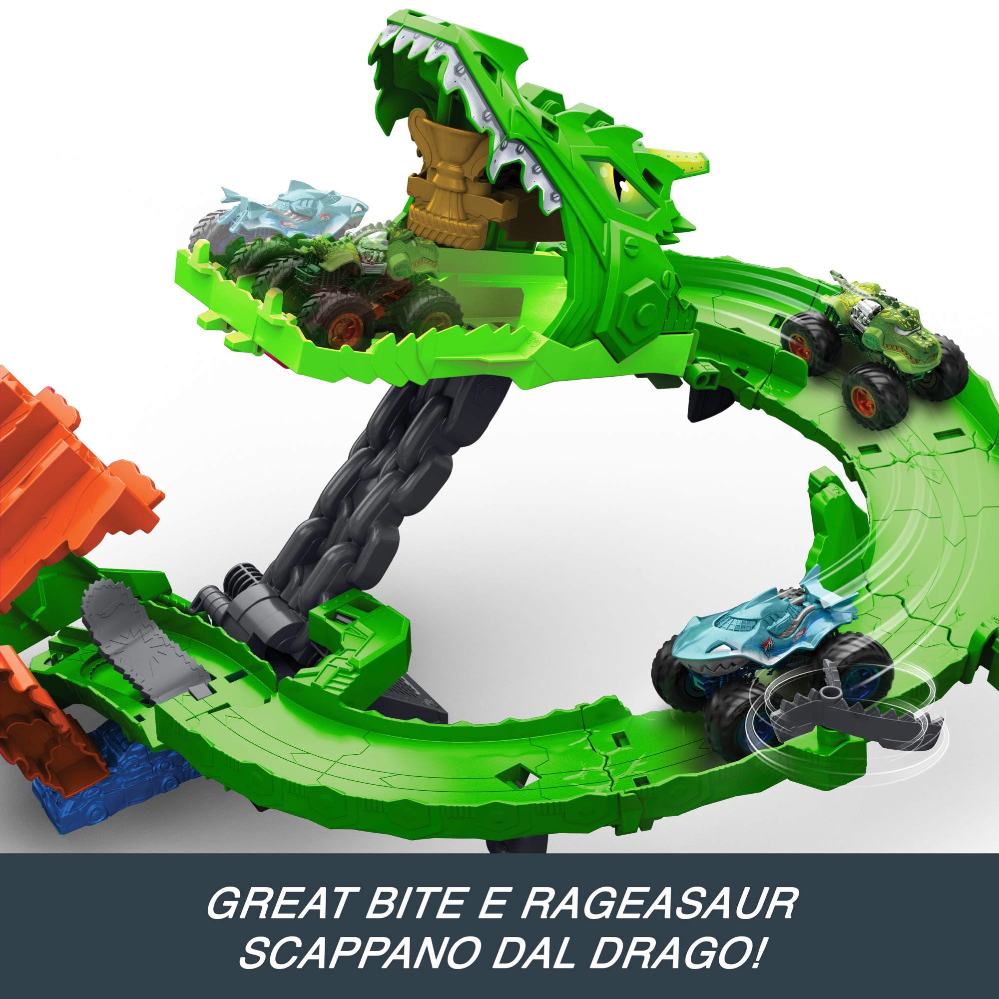 Hot Wheels Monster Trucks - Sharks vs. Dinos Dragon Destruction, set con veicoli Great Bite e Rageasaur inclusi, sconfiggi il nemico cyborg, giocattolo per bambini, 4+ anni, JGB06