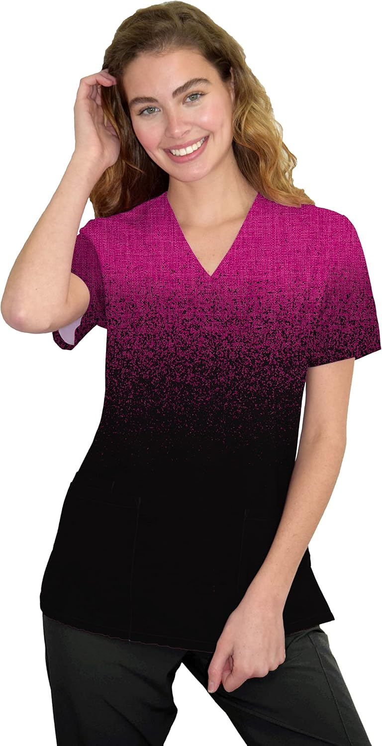 Green Town Scrubs for Women V-Neck Scrub Top - Ombre Prints, 3 Pockets, Easy Care Uniforms