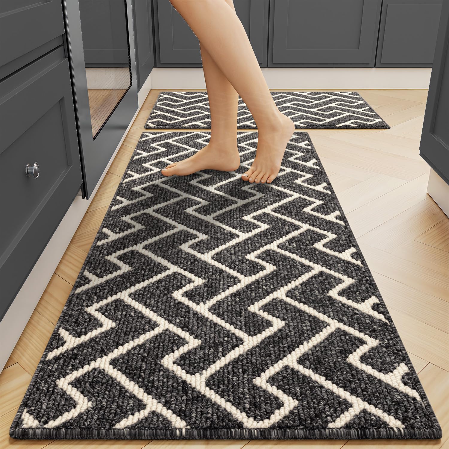 Biscpro Kitchen Rug Set 2 Pieces, Washable Non-Slip 100% Polypropylene Kitchen Floor Mats, Super Absorbent and Stain-Resistant Floor Runner Rug, Hallway Runner, Entryway(Black, 50x80+50X120cm) — image 1