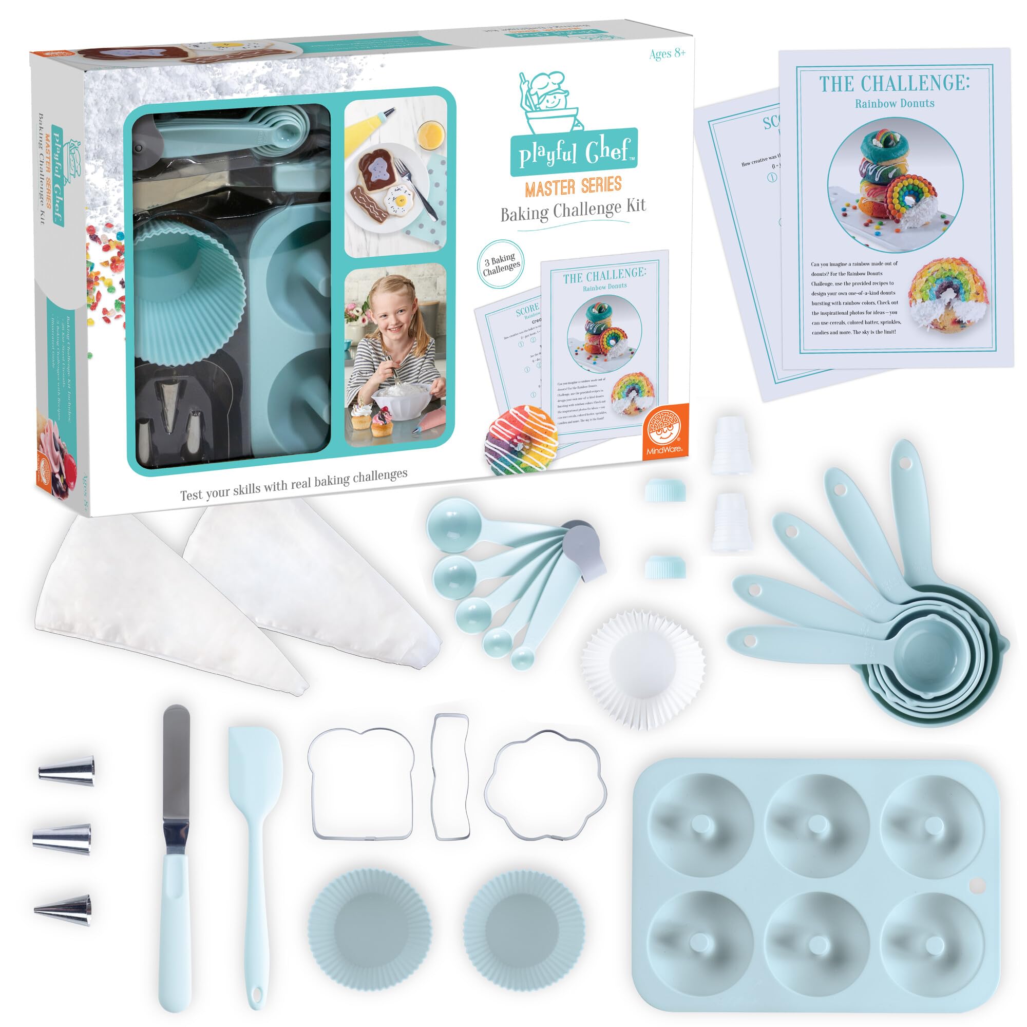 MindWare Playful Chef: Master Series Baking Challenge Kit for Kids – 26 Kid-Sized Utensils with 3 Baking Challenges – Real Kitchen Lessons for Boys & Girls – Ages 8 & up