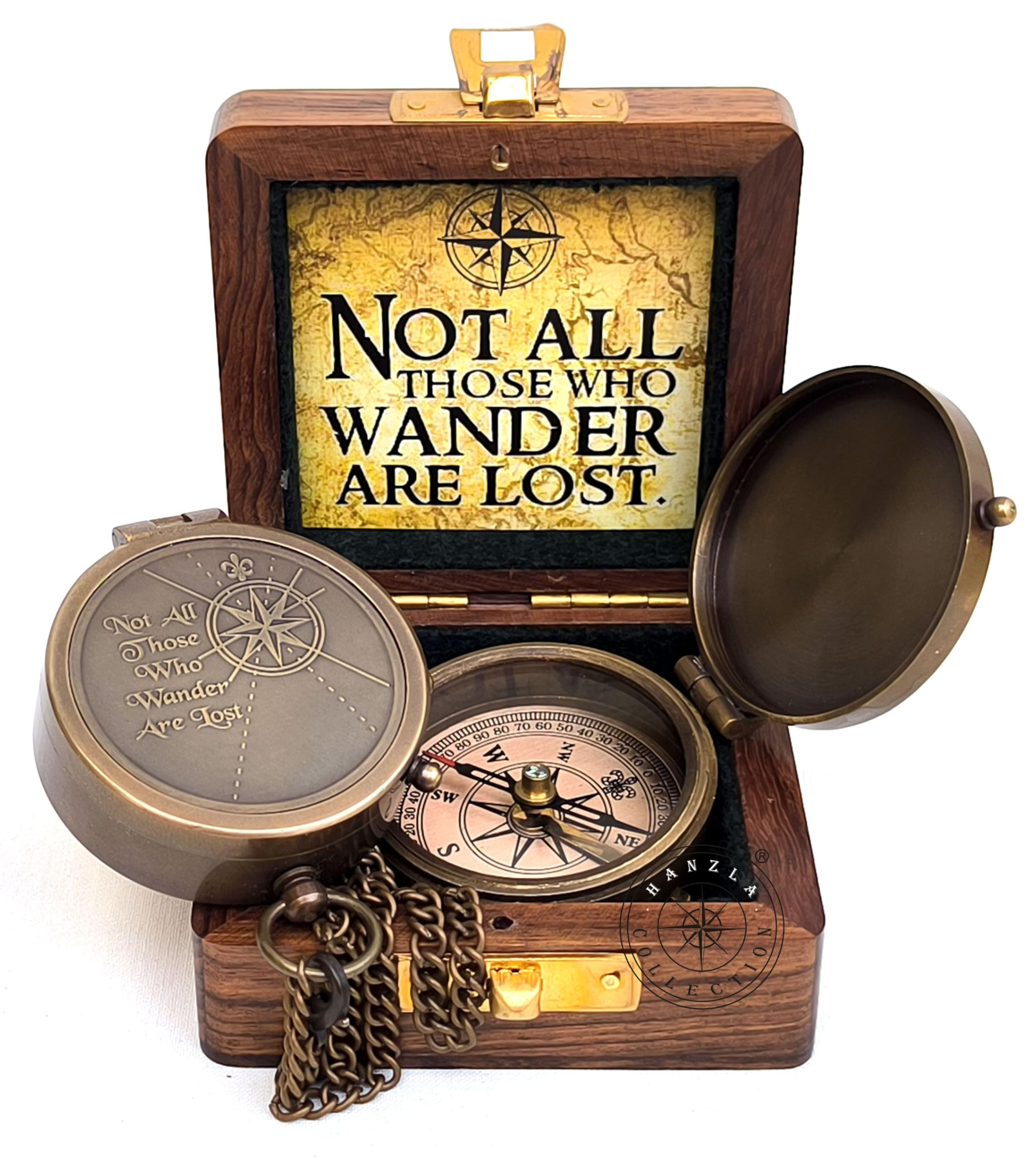 Not All Those Who Wander are Lost Engravable Compass, Pocket Gift for Hiking, Brass Compass with Leather Carry Case, Pirates Gift, Navigational Outdoor Camping Compass