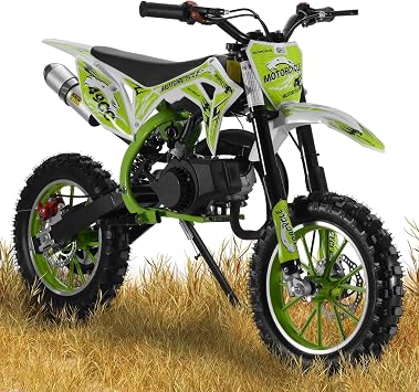 Easy to Start | 49cc Kids Dirt Bike 2 Stroke - Speeds Up to 40KM/H - Mini Gas Motorcycles - Gas Power Small Dirtbikes - Front Rear Disc Brakes - Shock Absorption Springs Green