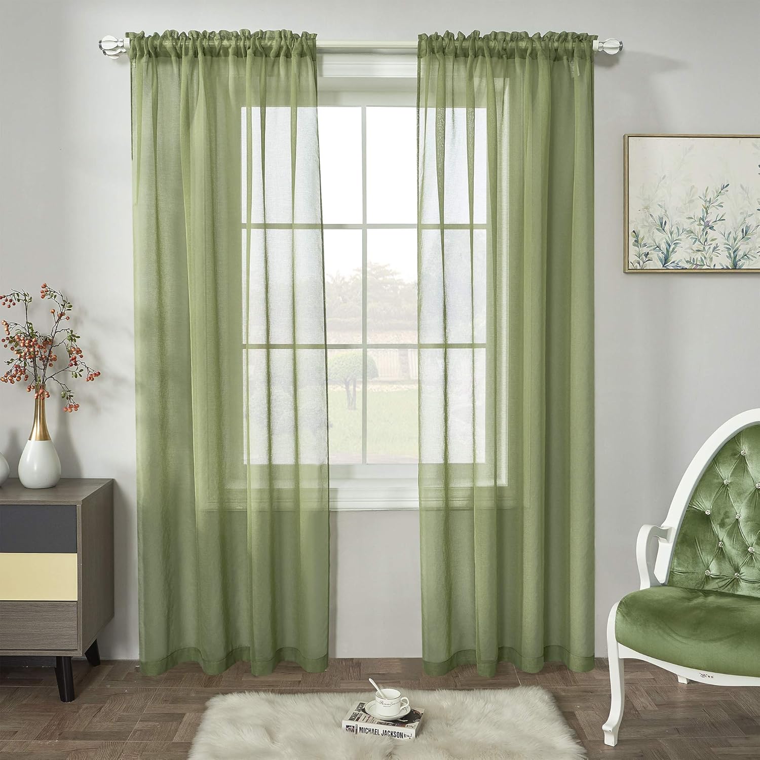 RAIN CITY Sage Green Semi Sheer Curtains Faux Linen Sheer