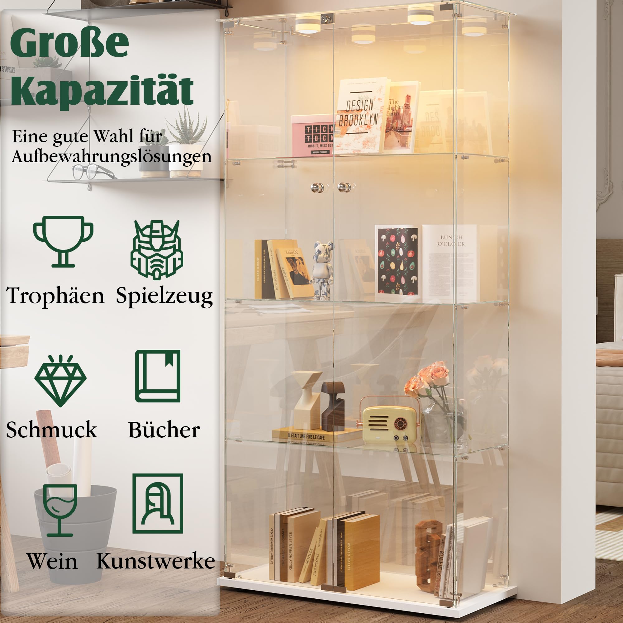 Vitrina de cristal con LED, vitrina de cristal con 4 estantes y 2 puertas, vitrina de vitrina expositora de columna, vitrina de vidrio transparente, vitrina expositiva de vidrio, blanco