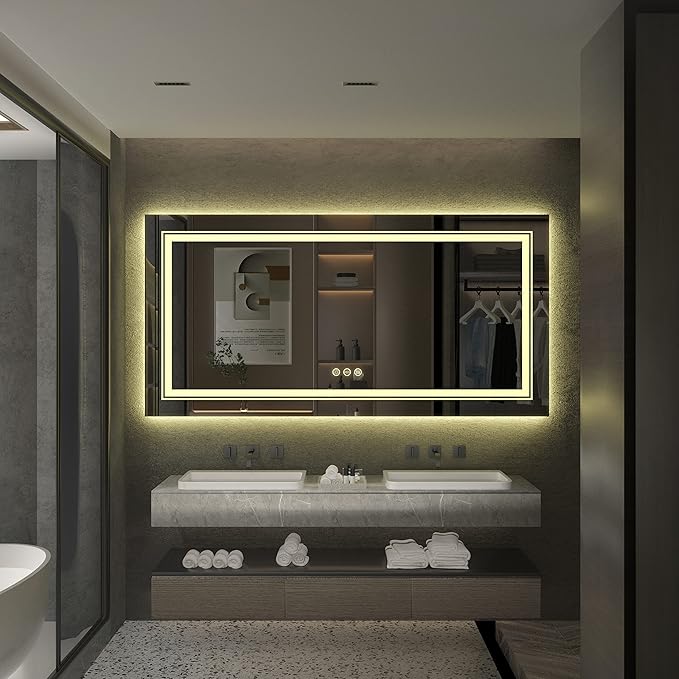 EYTVYUWPT LED Badezimmerspiegel 70x50cm - Antibeschlag, Dimmbar, 3 Lichtfarben Gold