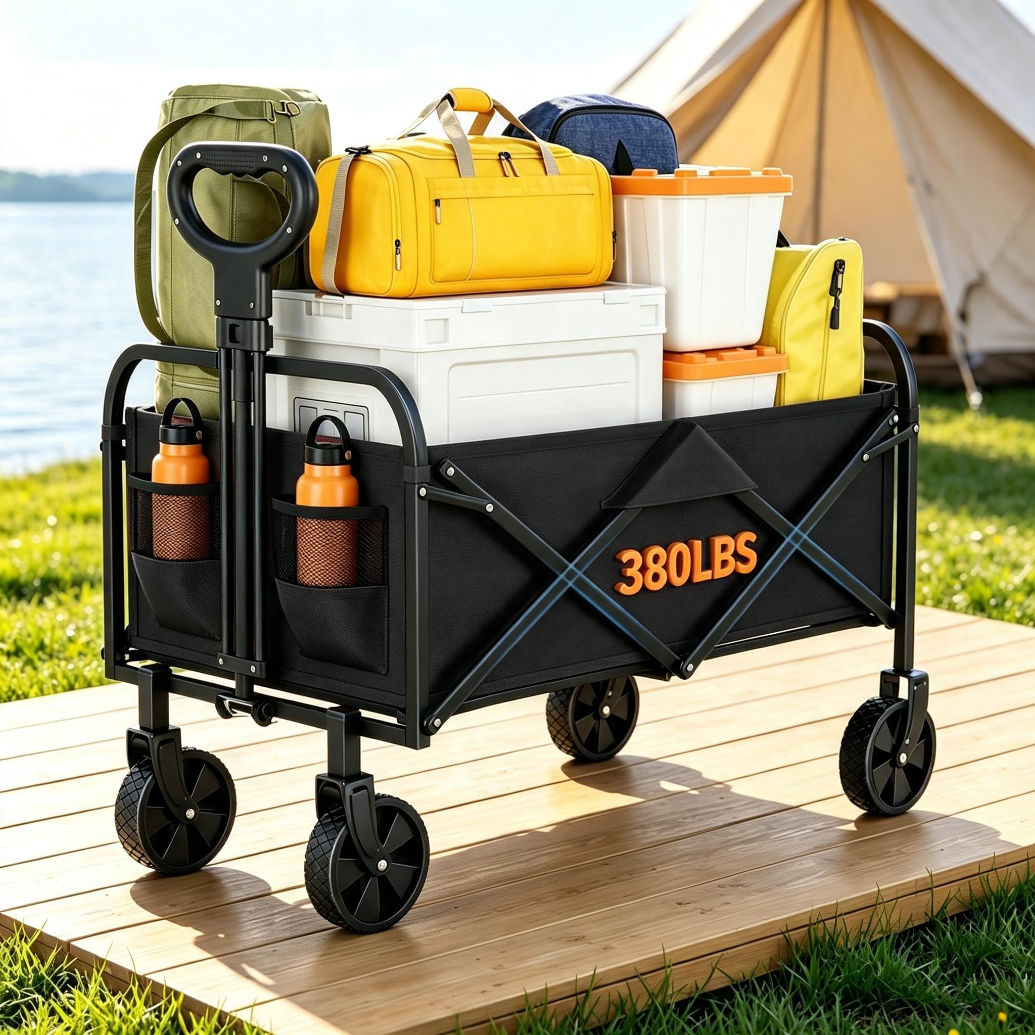 GarveeMore Collapsible Wagon with Wheels for Outdoor, Yard, 380LBS