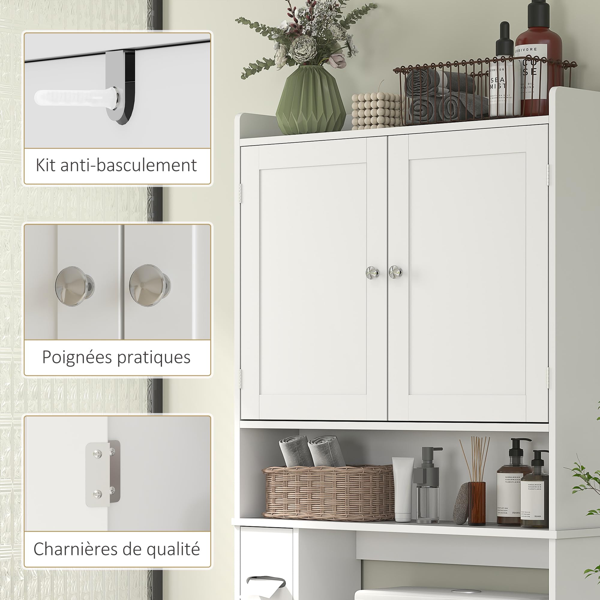 HOMCOM Mobiletto sopra il WC o la lavatrice, armadietto sopra il WC con 2 ante, 3 scomparti aperti, ripiano regolabile, porta carta igienica, 80 x 19,5 x 170 cm, bianco