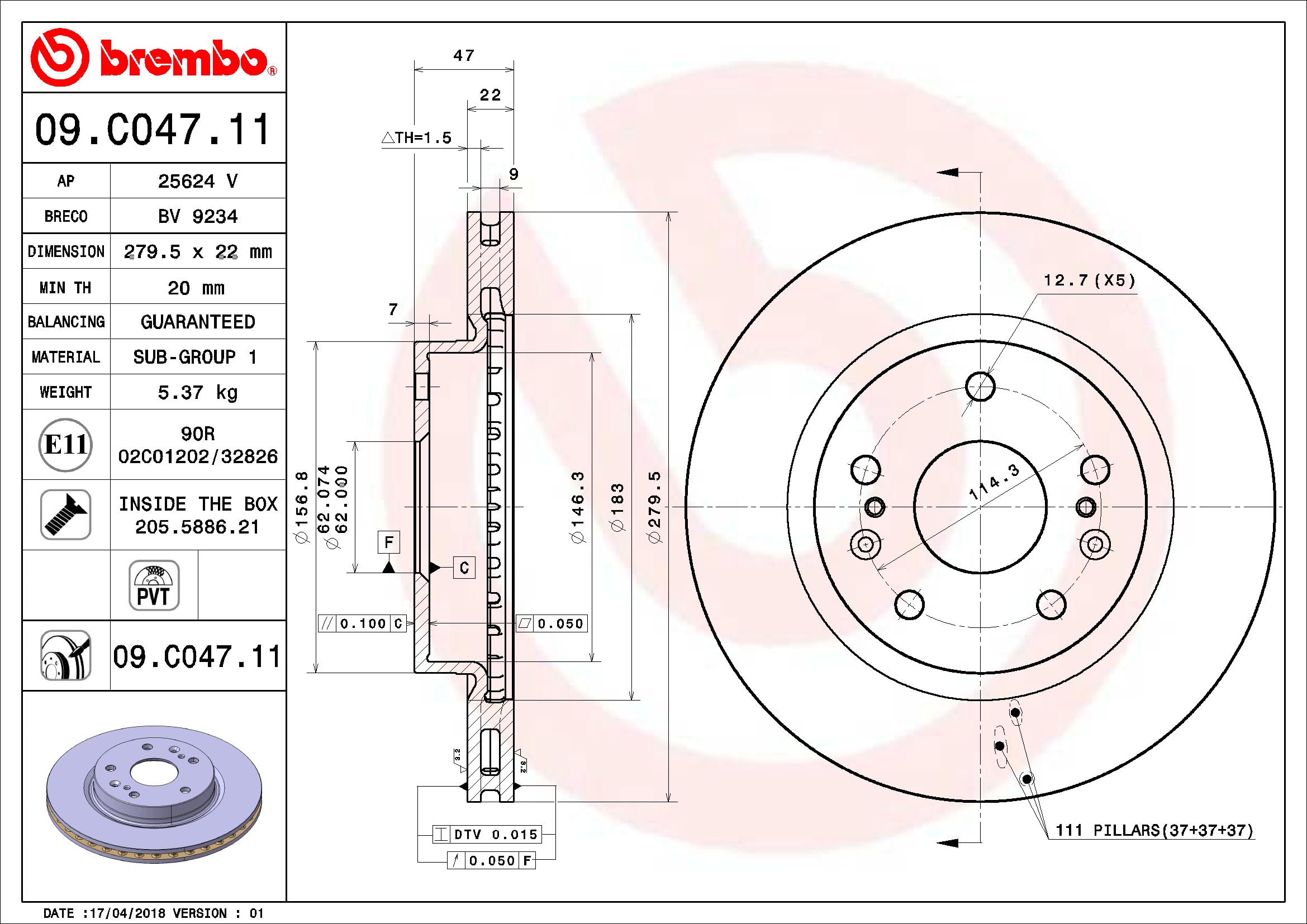 Brembo 09.C047.11 - Disque avec revêtement anti-corrosion UV (2 disques par boîte) - Avant