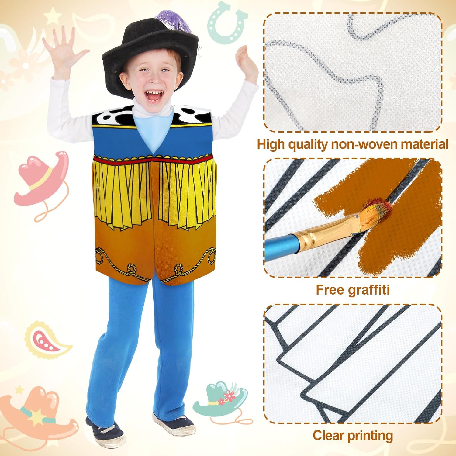 Yearntown 36 Pcs Color Your Own Western Vest Craft Kit - Western Craft for Boy Kids Girl - Ideal for Cowboy Cowgirl Birthday Painting DIY Art Activities Derby Day Horse Party Supplies
