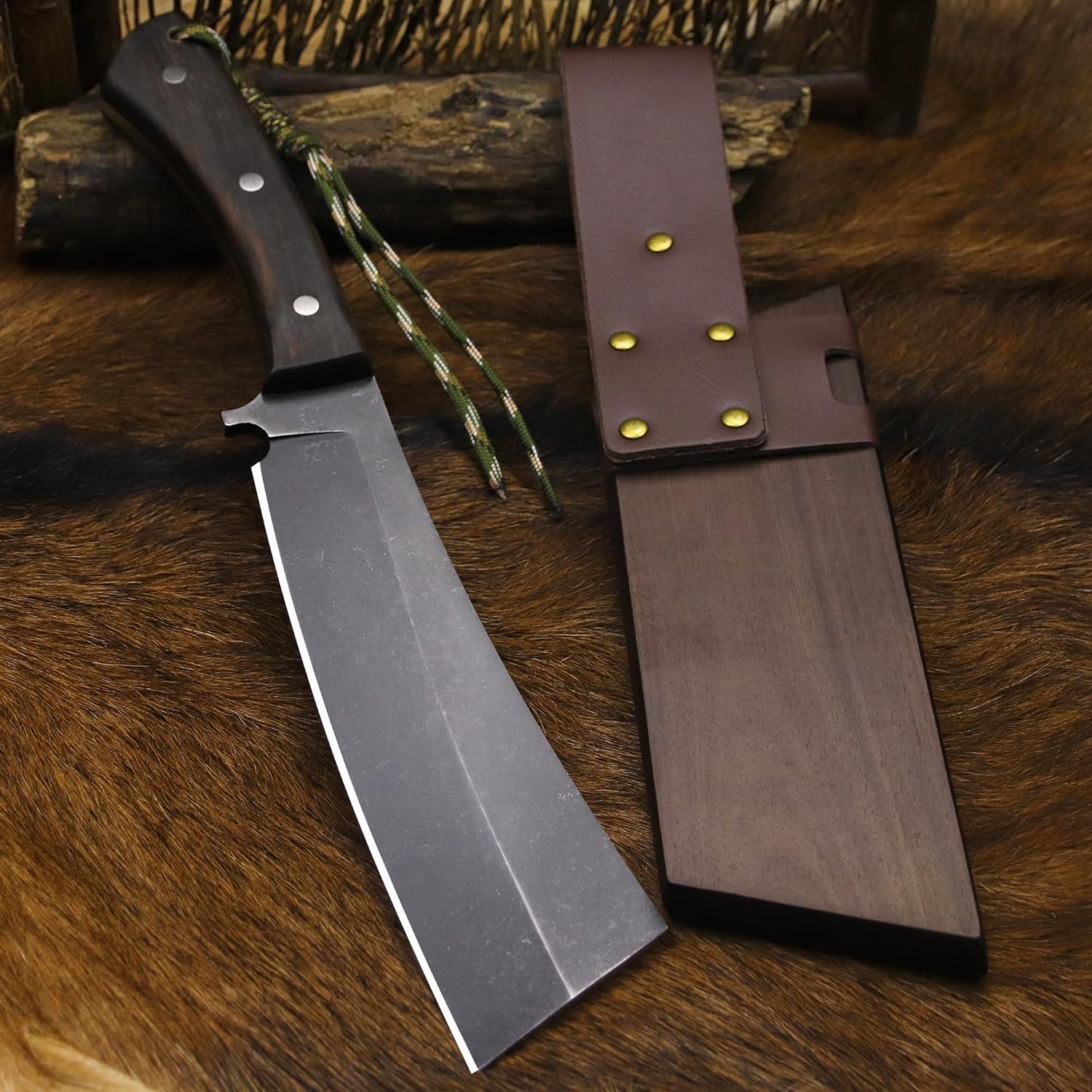 BA-KOR (Pioneer ) (14.6") DC53 steel 6mm thickened full Tang fixed knife+ Wooden sheath &(5.9IN) Cerium Igniter, suitable for outdoor hunting, cutting, chopping, camping, obstacle removal, exploration, fishing, EDC, BBQ (BA-Kb-0A)