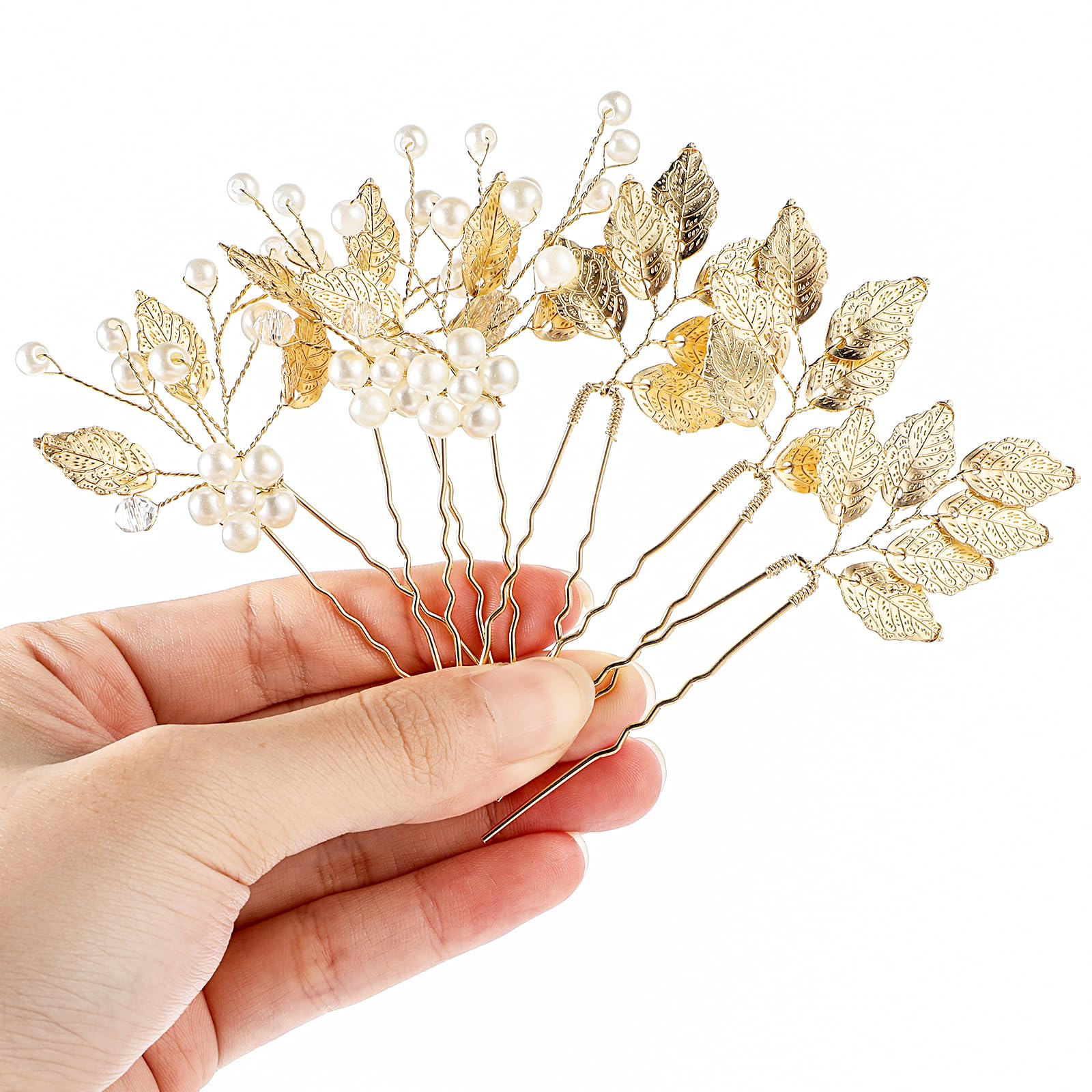 Bridal Wedding Hair Pins Gold Flower Pearl Hair Pins Clips Vintage Wedding Hair Accessories Crystal Pearl Bridal Headpiece Side Comb Leaf Styling Hairpin for Brides Bridesmaids Women, 6 Pcs