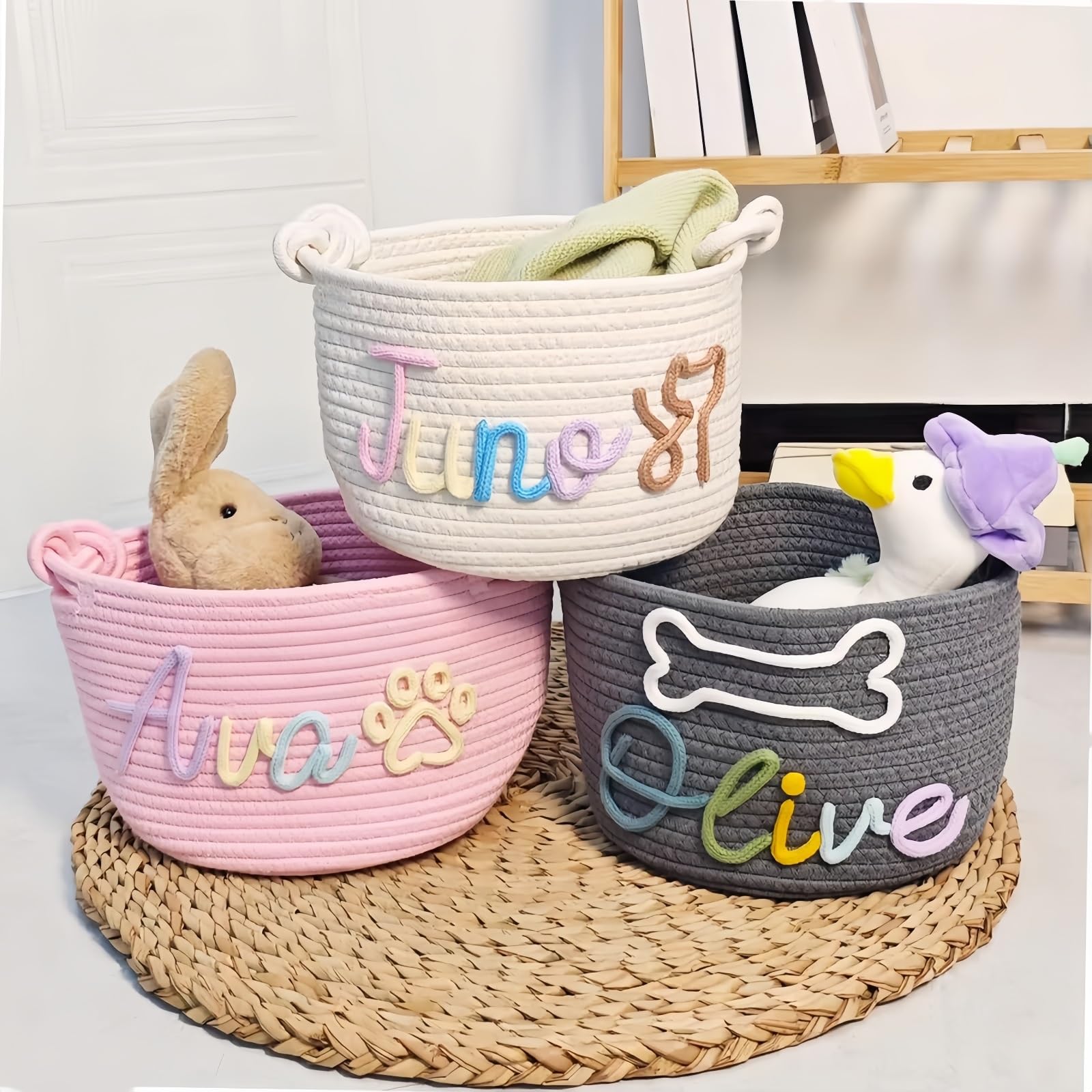 Personalised Baby Name Basket, Custom Cotton Rope Diaper Caddy, Nursery Storage Organizer, Newborn Shower Gift, Kids' Bedroom Bathroom Decor(﻿ S: 19X12X27cm)