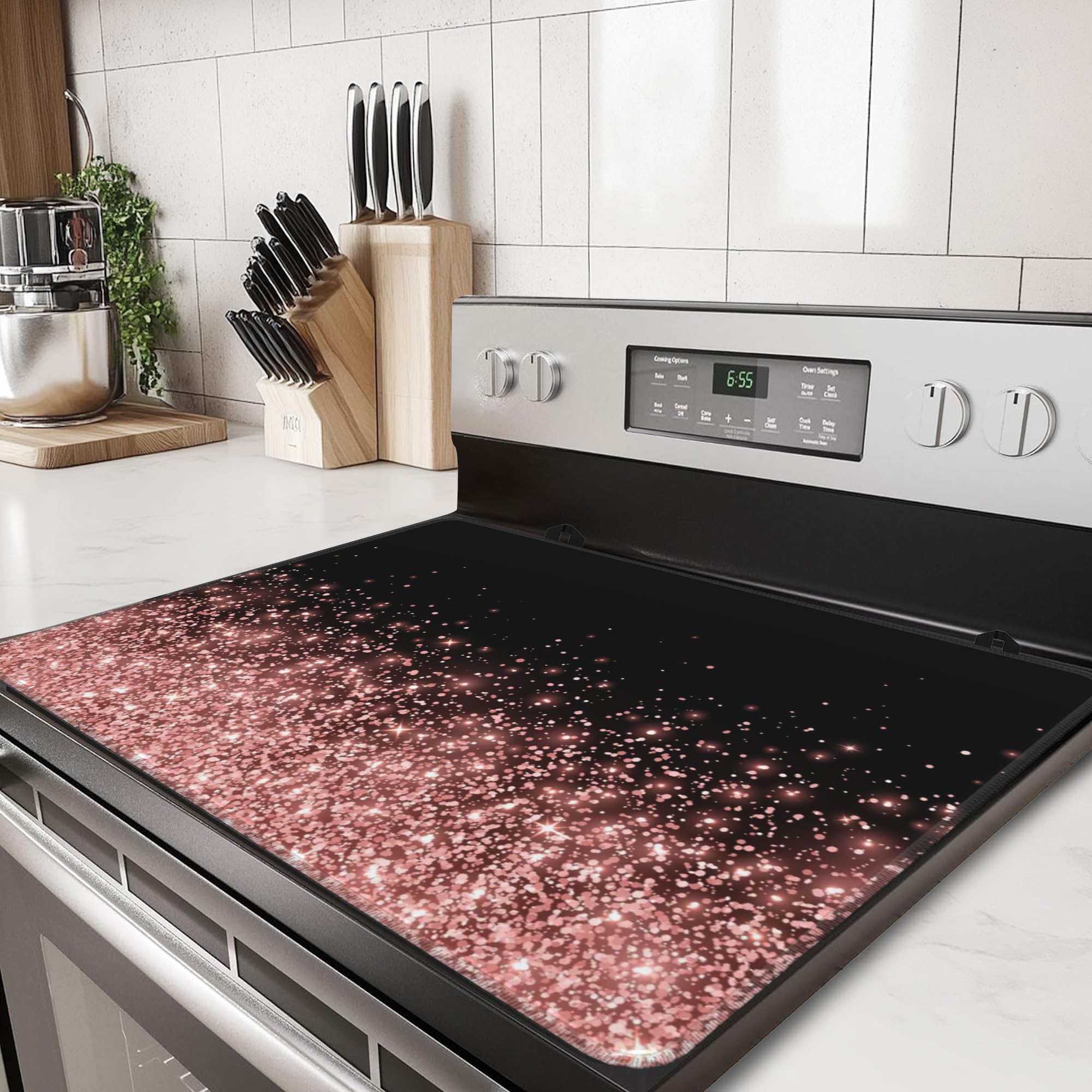 Protector de cubierta para estufa eléctrica, color rosa y negro degradado, con brillo, de vidrio plano, para horno de inducción, resistente al calor, para encimeras y secado de platos.