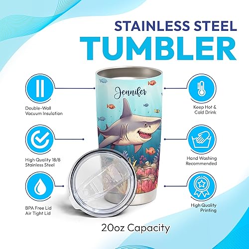 Miniatura 10 de Hyturtle Regalos personalizados para amantes de los tiburones  Vaso de acero inoxidable con nombre personalizado de Peace Love Sharks de 20 onzas