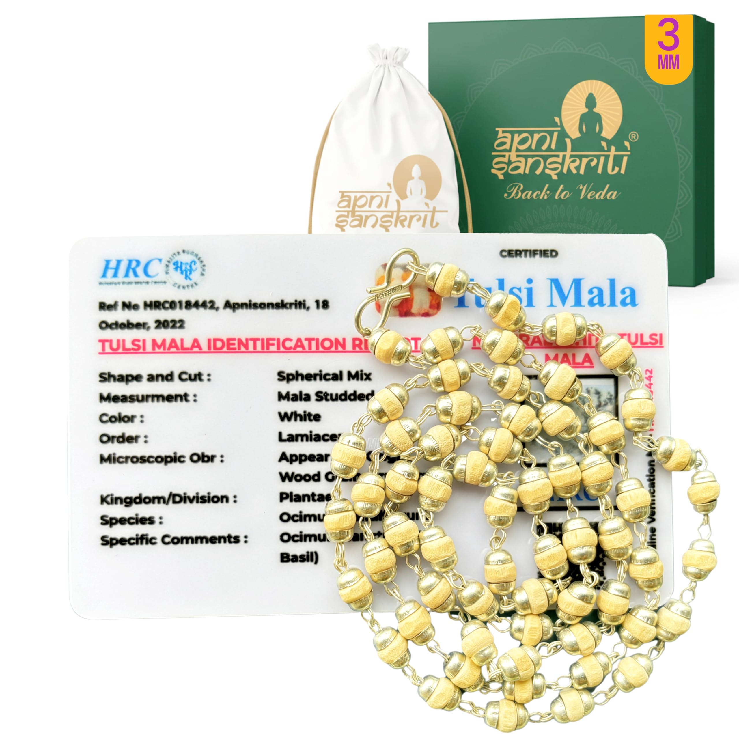 Apnisanskriti White Tulsi Beads Mala in Designer Caps (63 Beads, 3mm Each, Lab Certified) - White Tulsi - Pack of 1 (Silver)-picture-28