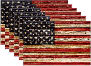 American Flag Wood Grain Placemats Set of 6, Washable Heat Resistant Table Mat Linen Place Mats for Party Kitchen Dining Home Decor 12x18 Inch