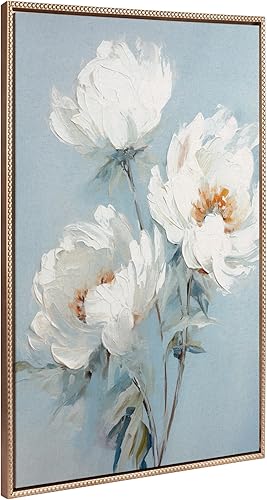 Kate and Laurel Sylvie - Lienzo enmarcado vintage de peonías blancas sobre azul océano con cuentas de The Creative Bunch Studio, 31.5 x 41.5