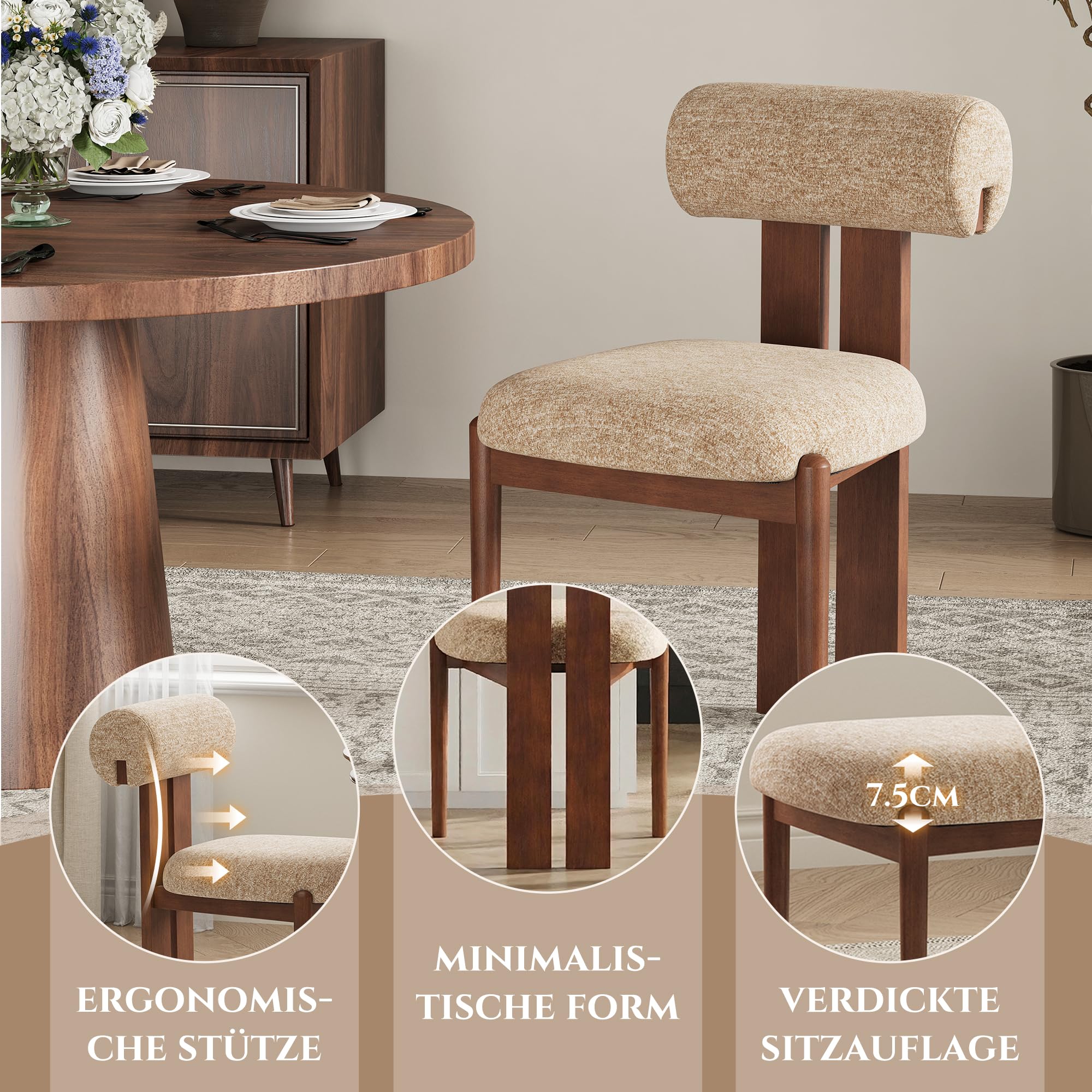 MALOL Esszimmerstühle 2er Set, Polsterstuhl Essstühle mit Holzbein, Modern Stoff Esstisch Stühle mit Fester Rückenlehne für Esszimmer, Küche, Restaurant, Mit dunkelbraunen Beinen, Kamel
