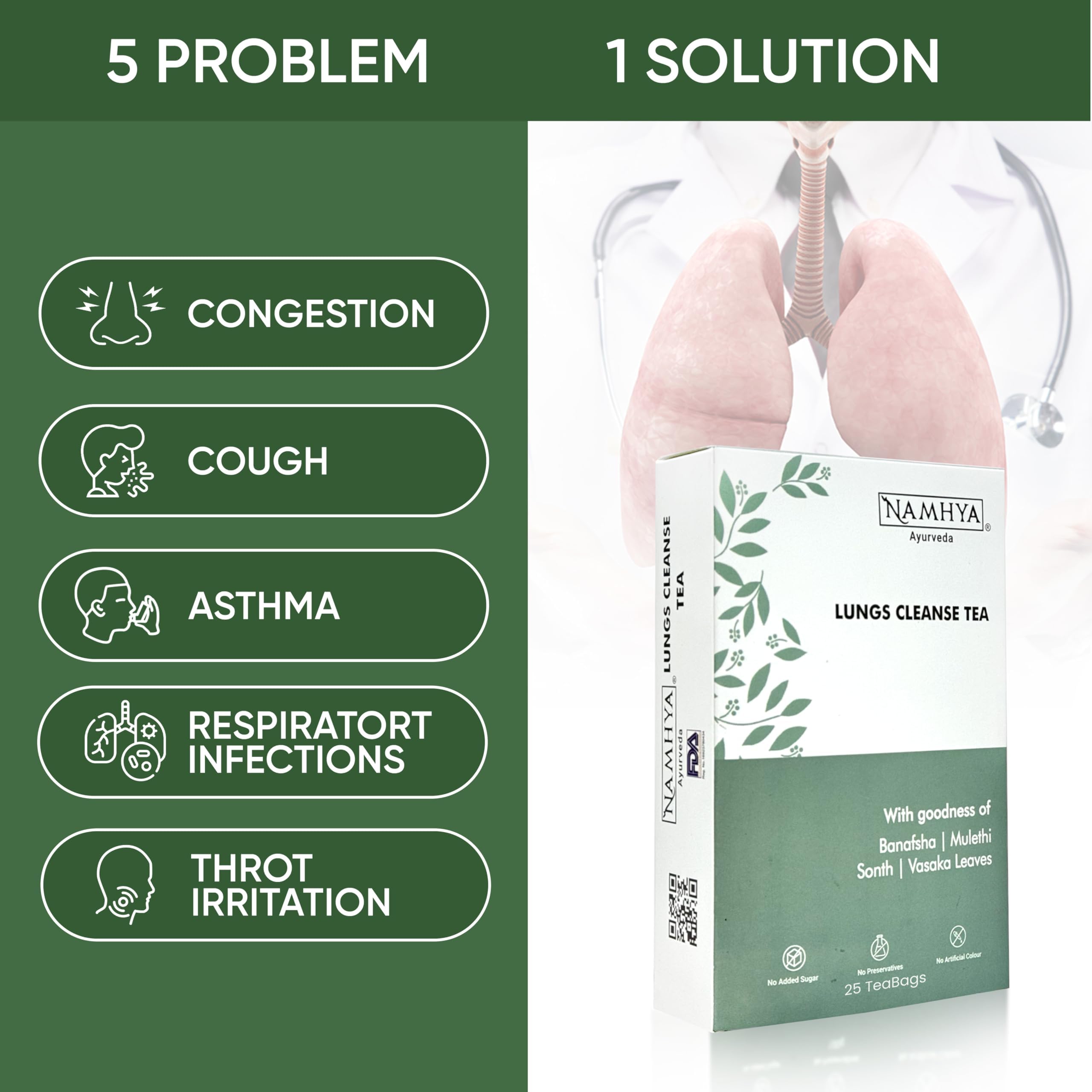 Namhya - Lungs Cleanse Herbal Tea - 100g (50 Cups) - Eases Congestion, Supports Breathing, Soothes Throat - Banafsha, Mulethi, Sonth, Vasaka - Natural, No Preservatives - Balances Kapha & Vata - Image 3 thumbnail