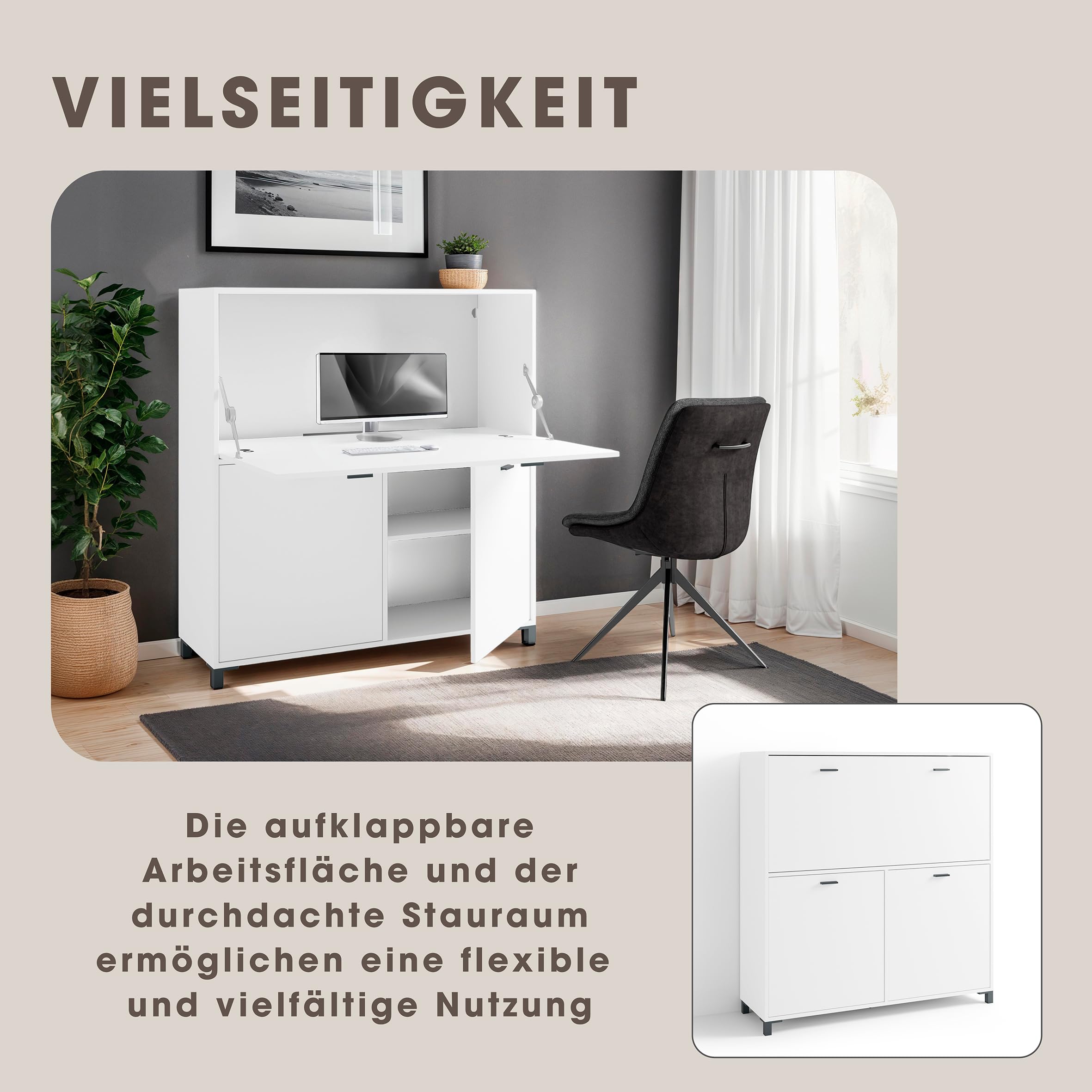 byLIVING Sekretär Montana/Sekretär matt weiß/Office-Schrank mit 1 Klappe und 2 Türen/Schwarze Griffe/B 120, H 127, T 40 cm