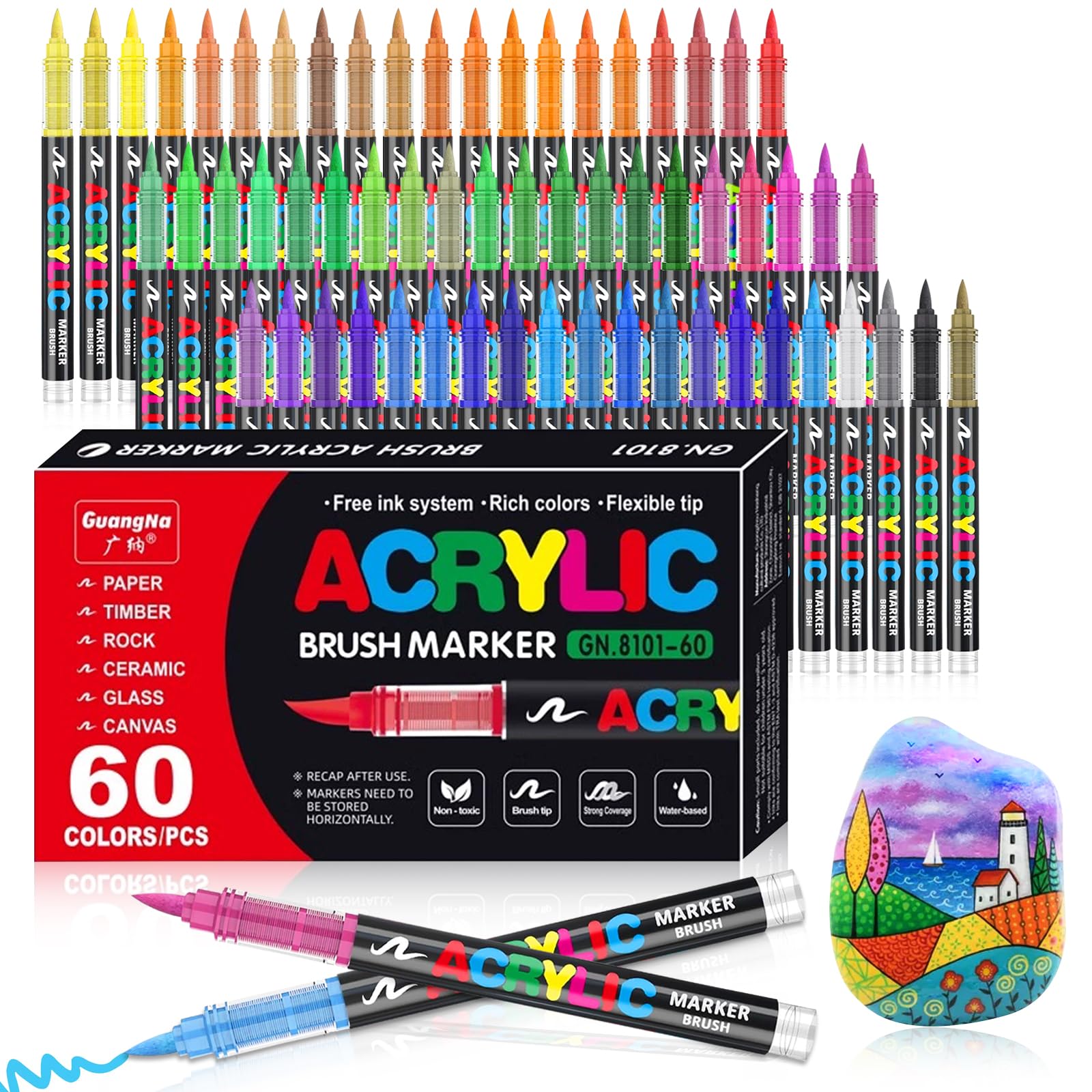 VAKKI Pennarelli Acrilici, 60 Colori Pennarelli Acrilici Acrylic Marker Brush pen per Dipingere Sassi, Tessuti, Metallo, Vetro, Legno, Tela, Ceramica, Plastic, pennarelli per colorare adulti (60)