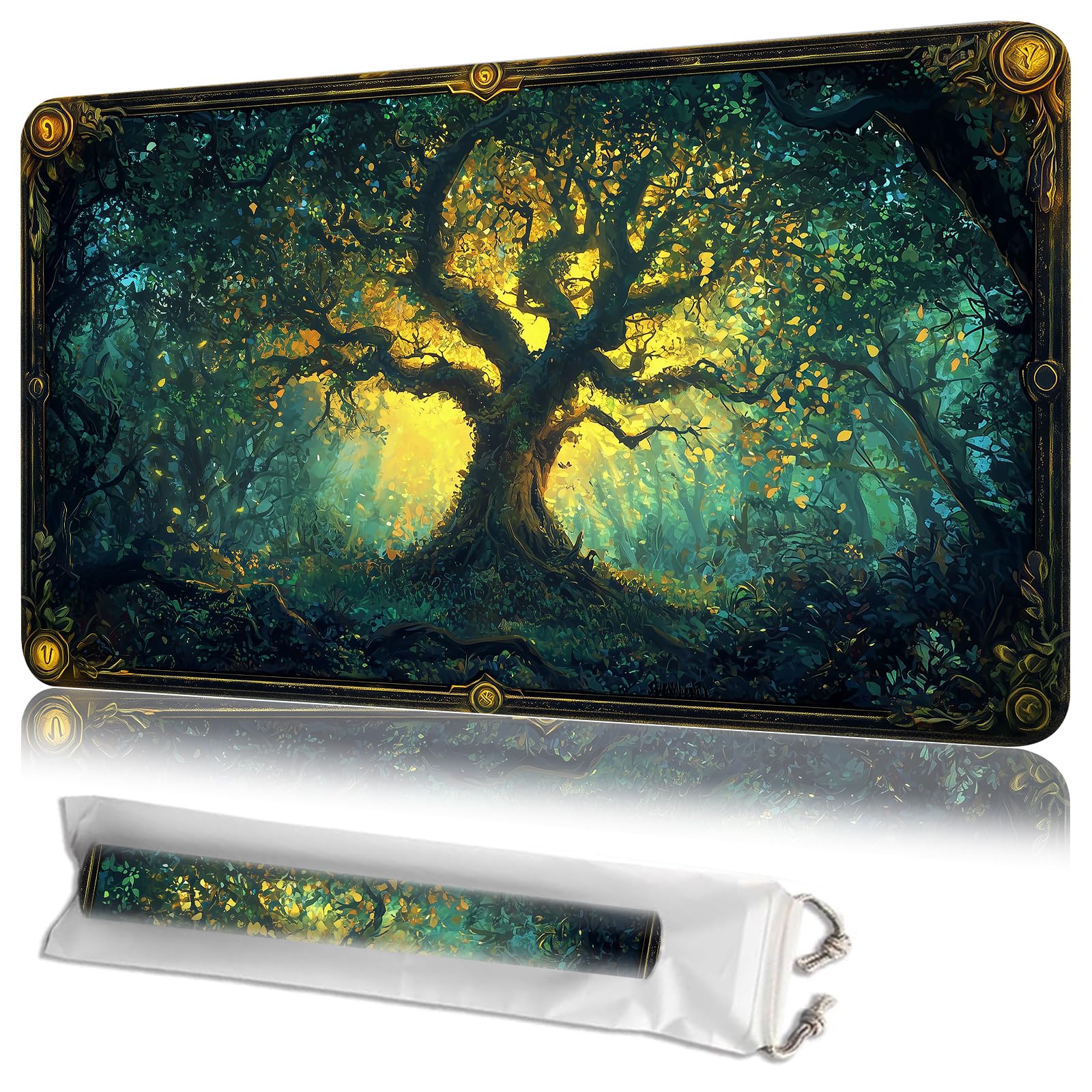 JANENFNA TCG Card Playmat 24" x 14" with Storage Bags for MTG Game Play Mats, Premium Stitched Non-Slip Rubber Tabletop Magic Play Mats Desk Duel Card Breaking Mats, Green Magic Forest