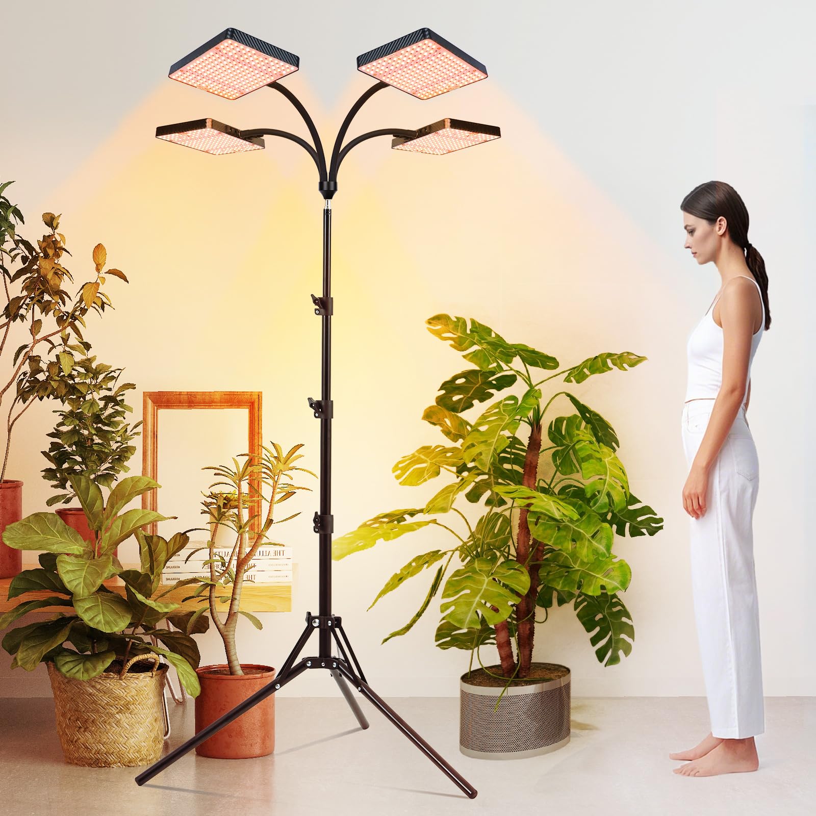 FECiDA 100 Watt 4-Kopf Pflanzenlampe mit Ständer, Vollspektrum Pflanzenlicht für Zimmerpflanzen, Pflanzenleuchte LED 8000 Lumen, Wachstumslampe für Pflanzen, 4/8/12/16/20 Hr Timer