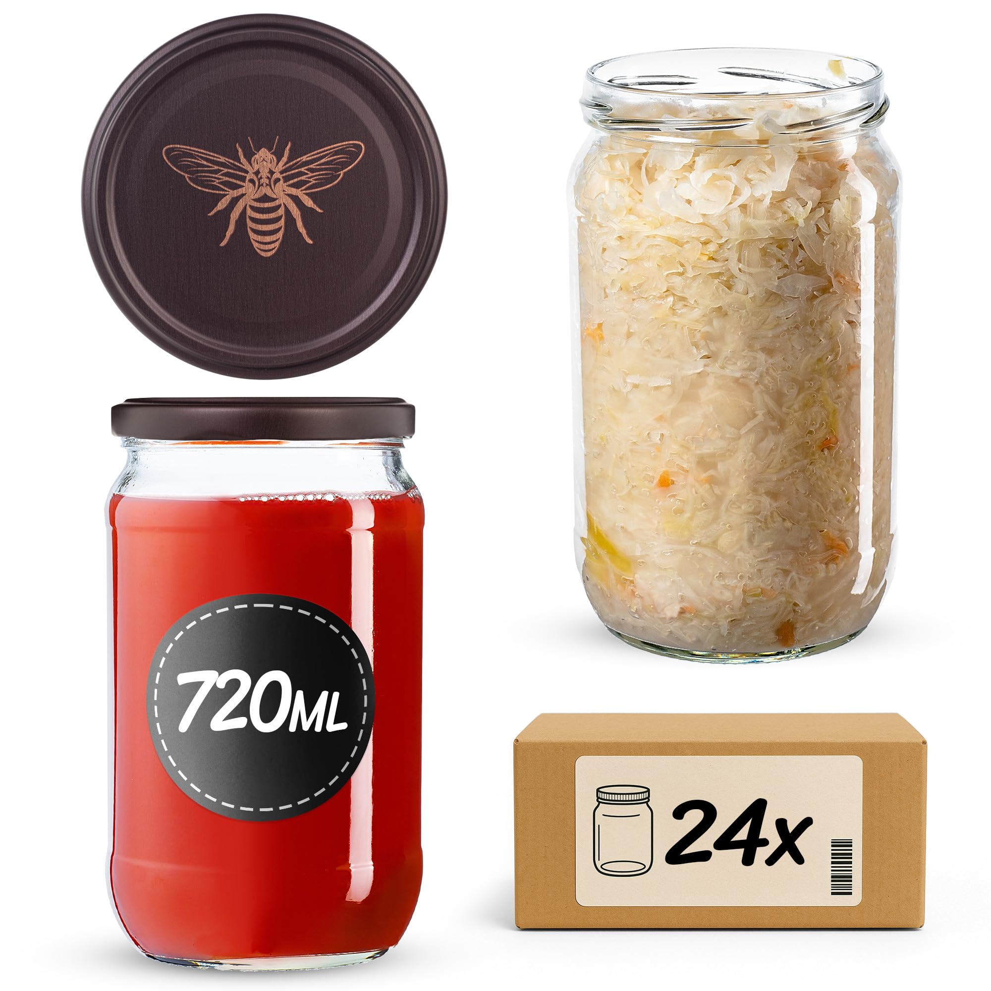 KADAX - 24 pezzi di vasetti da 720 ml con coperchio a vite fi82 mm per inscatolamento, conservazione e preparazione dei pasti - Barattoli ermetici a chiusura twist-off (Ape d'oro / 24 pezzi)