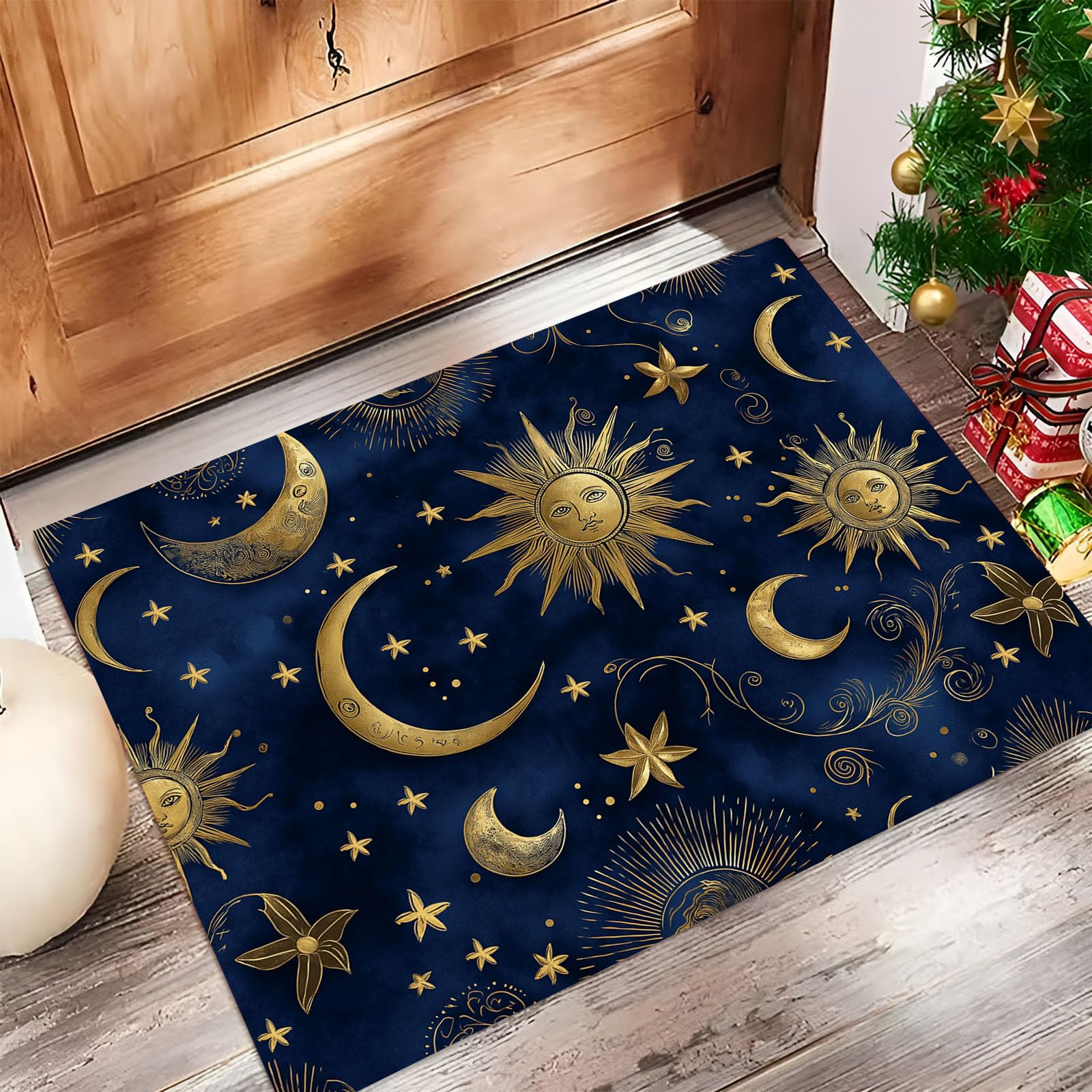 Paillasson Tarot Mystique Lune et Soleil en feuille d'or bleu marine