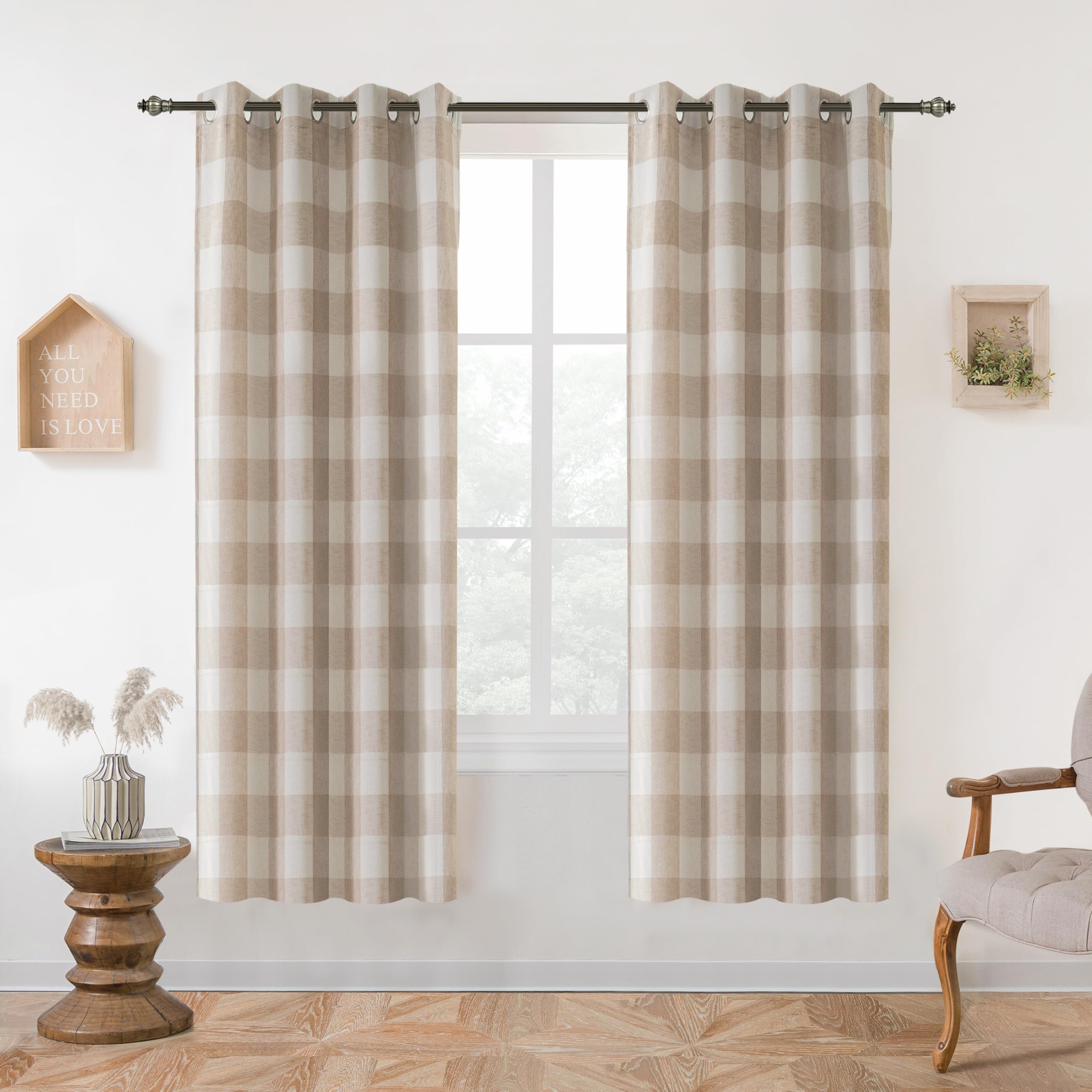 Buffalo Plaid Check Curtains Woven Plaid Pattern Lined Blackout Thermal Insulated Window Curtain Grommet 2 Layers 2 Panels 52 Inch by 63 Inch Taupe