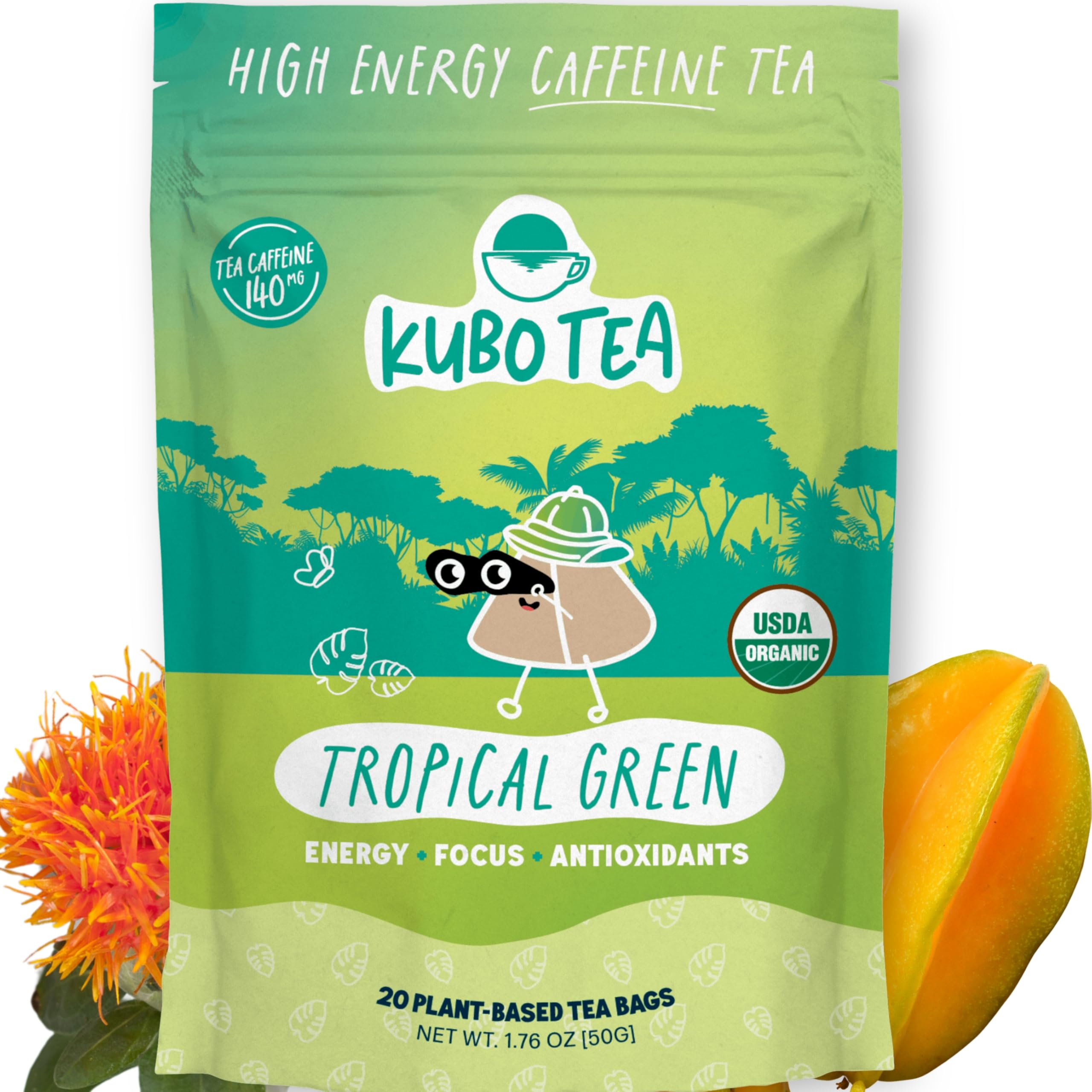Kubo Tea High Caffeine Tropical Green Teabags (155mg) 20 Count with Organic Green Tea Extract, Chamomile, Carob Bean & Safflower Petals For Clean