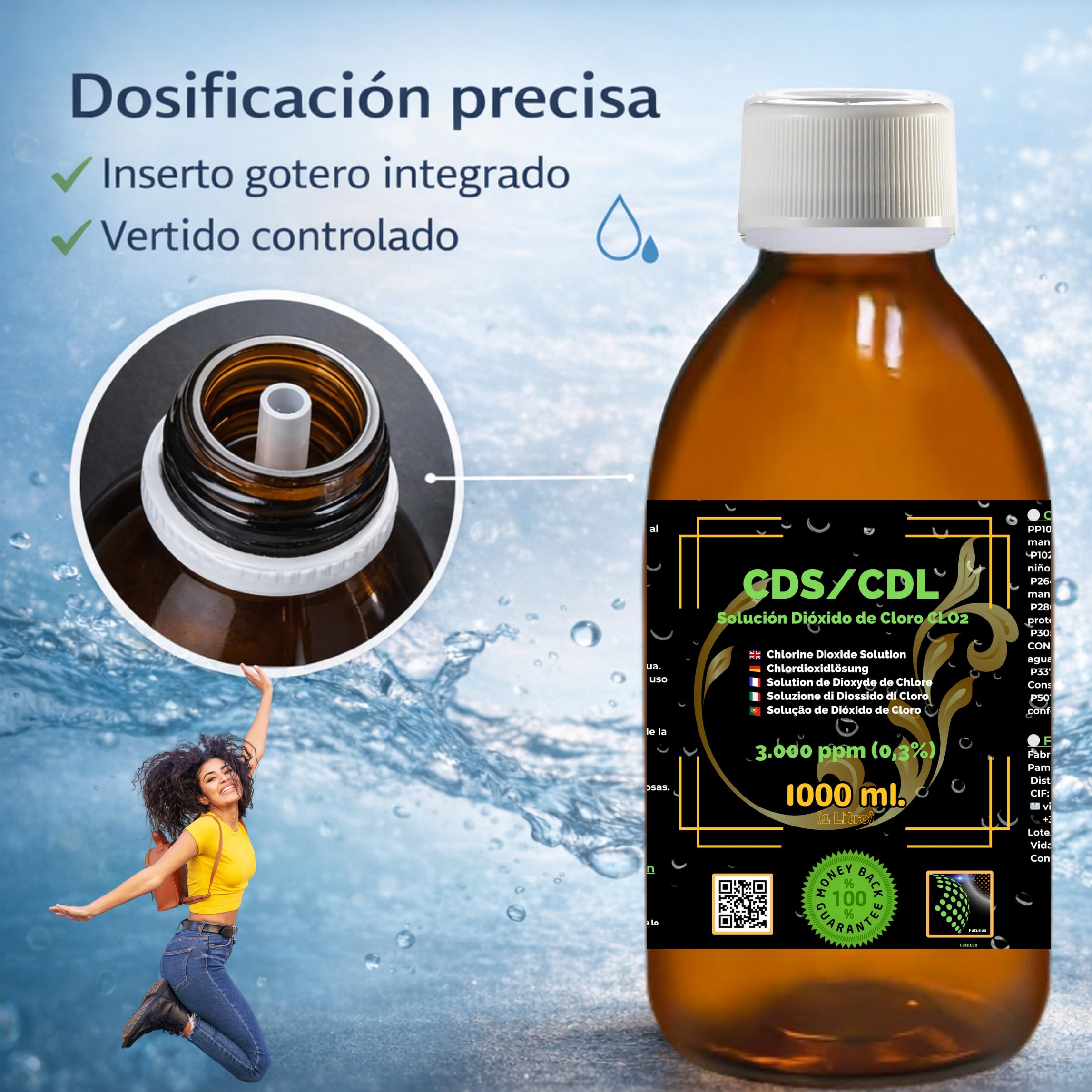 CDS/CDL 3000 ppm 1000 ml | Roztwór dwutlenku chloru w butelce ze szkła bursztynowego z zakraplaczem i zakraplaczem | Wysoka czystość, dozownik prezentowy dla precyzyjnego użytkowania.