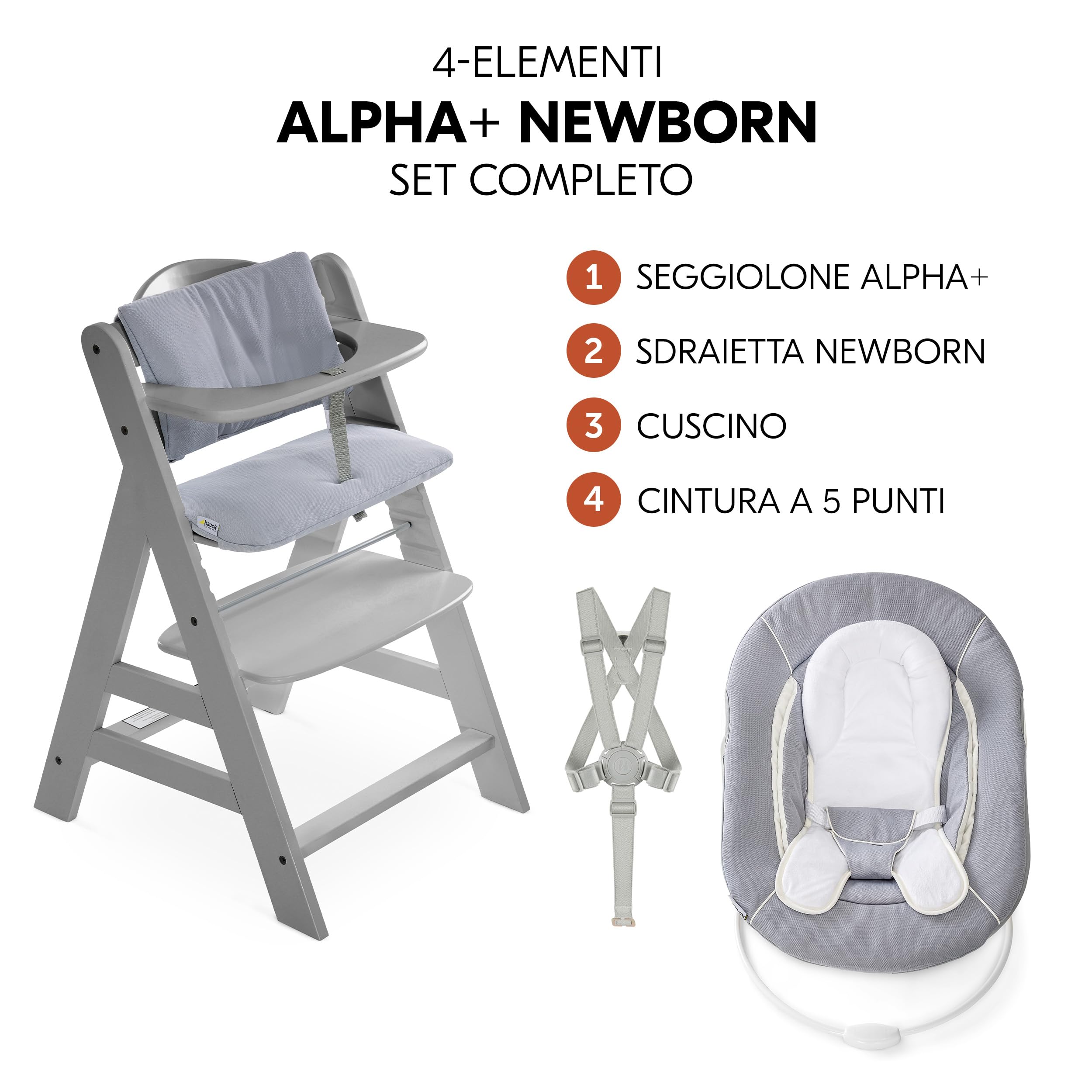 hauck Seggiolone Pappa Alpha Plus Set Newborn - Sediolone Pappa Bimbi In Legno, Evolutivo con Sdraietta Neonati Dondolo 2in1 e Cuscino - Grigio