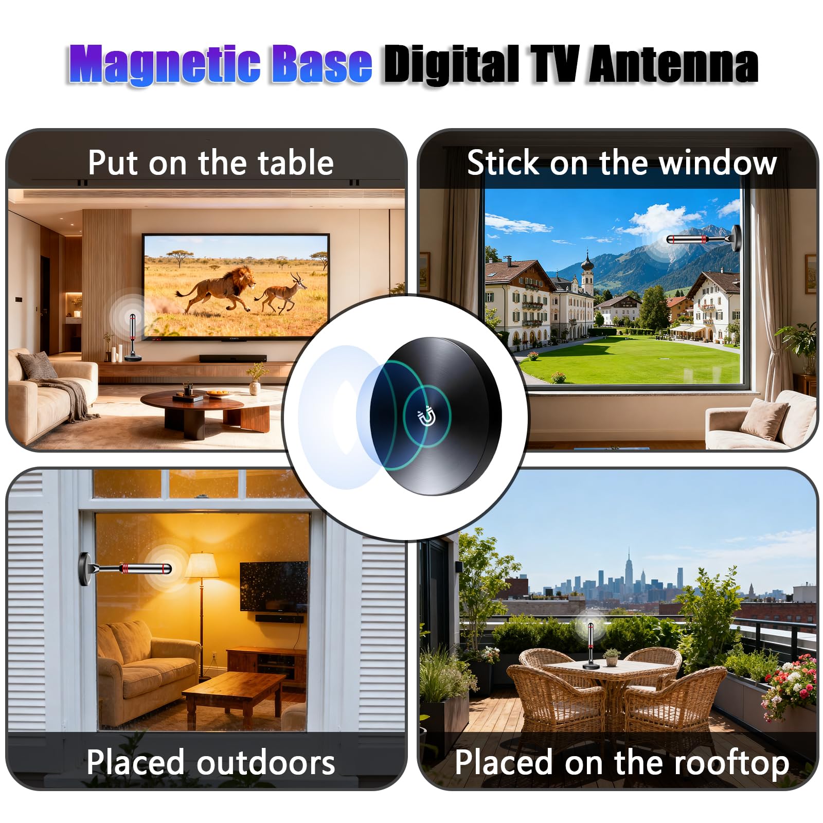 Antenna TV per Smart TV da interni, antenna digitale HDTV con base magnetica, amplificatore di segnale a lungo raggio a 360° 4K 1080p, antenna TV da interni per canali locali ricezione a lungo raggio