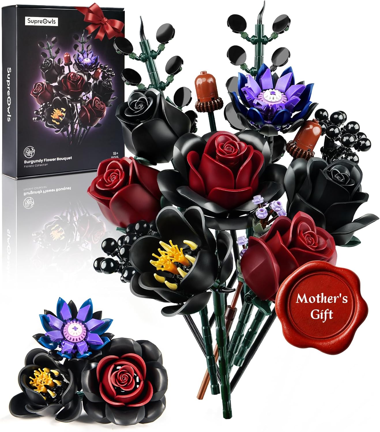iATOM Black Burgundy Red Rose Bouquet Building Set, 12Pcs Flowers Botanical Collection Kit for Adult Women, for Mom/Her/Girlfriend/Wife/Couple, Gothic Home Table Centerpieces Decor