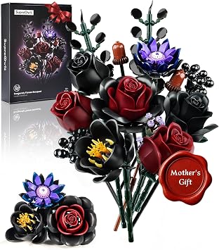 iATOM Black Burgundy Red Rose Bouquet Building Set, 12Pcs Flowers Botanical Collection Kit for Adult Women, for Mom/Her/Girlfriend/Wife/Couple, Gothic Home Table Centerpieces Decor